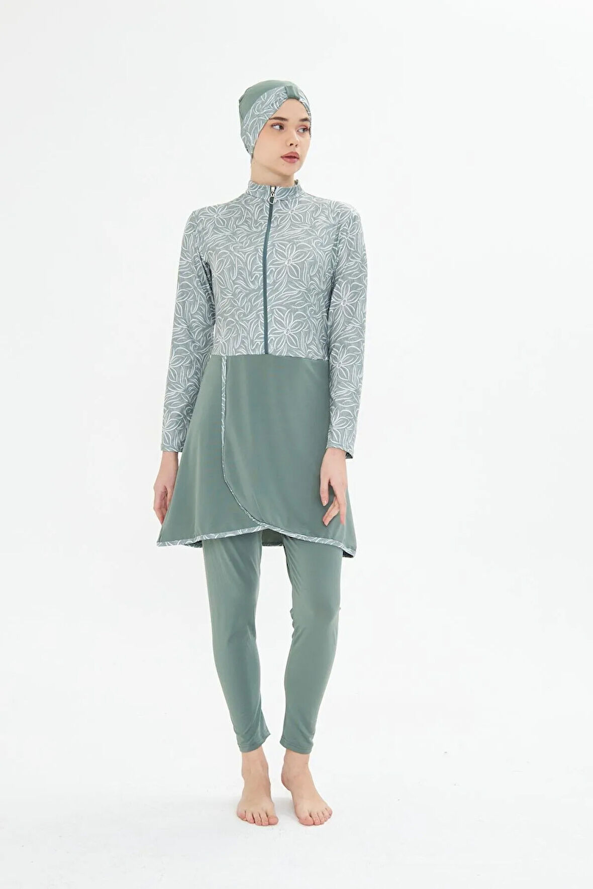 Tam Kapalı Likralı Desenli Etekli Tesettür Mayo Siyah 3483-S