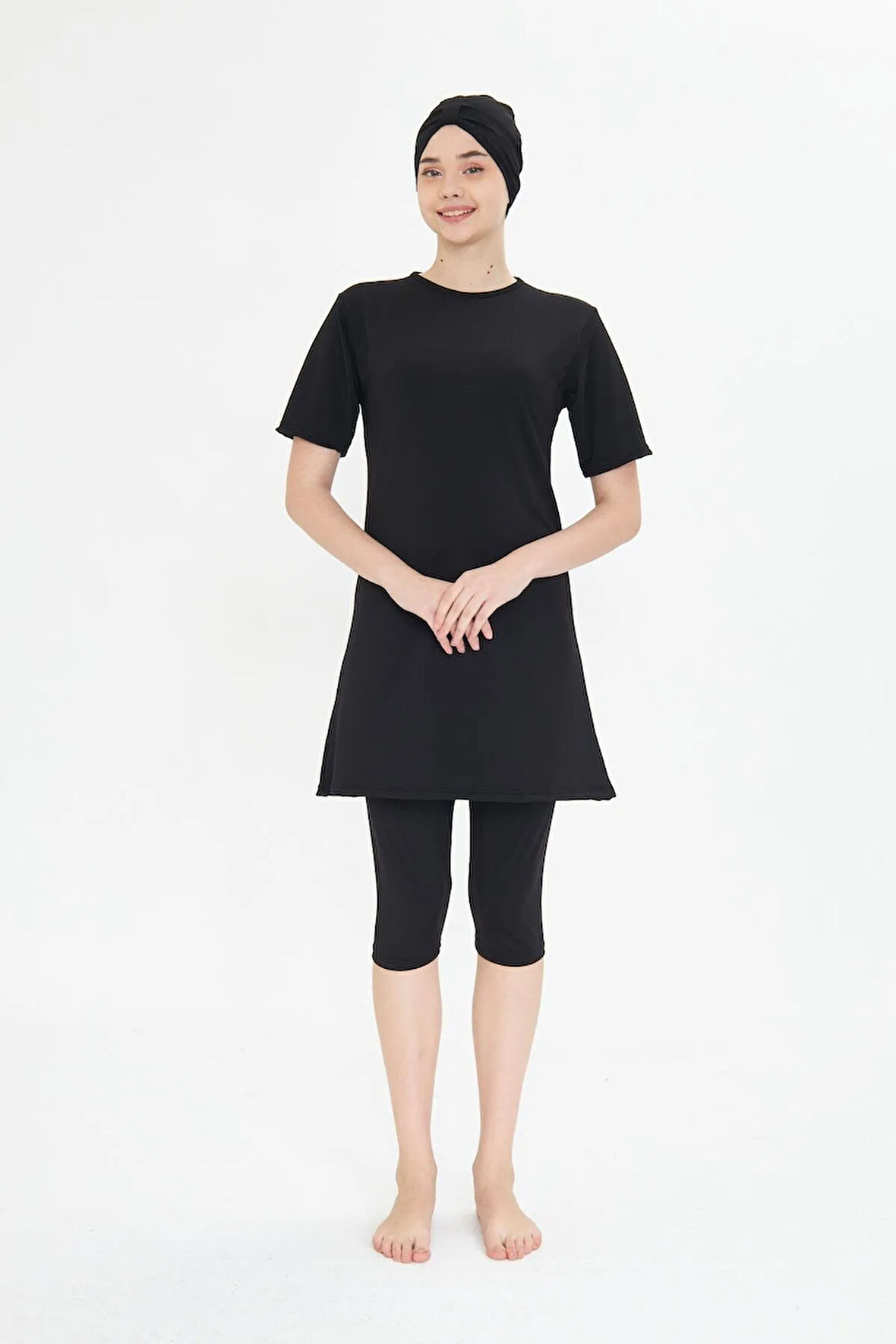 Kısa Kollu Likralı Yarı Kapalı Tesettür Mayo Siyah 3484-S