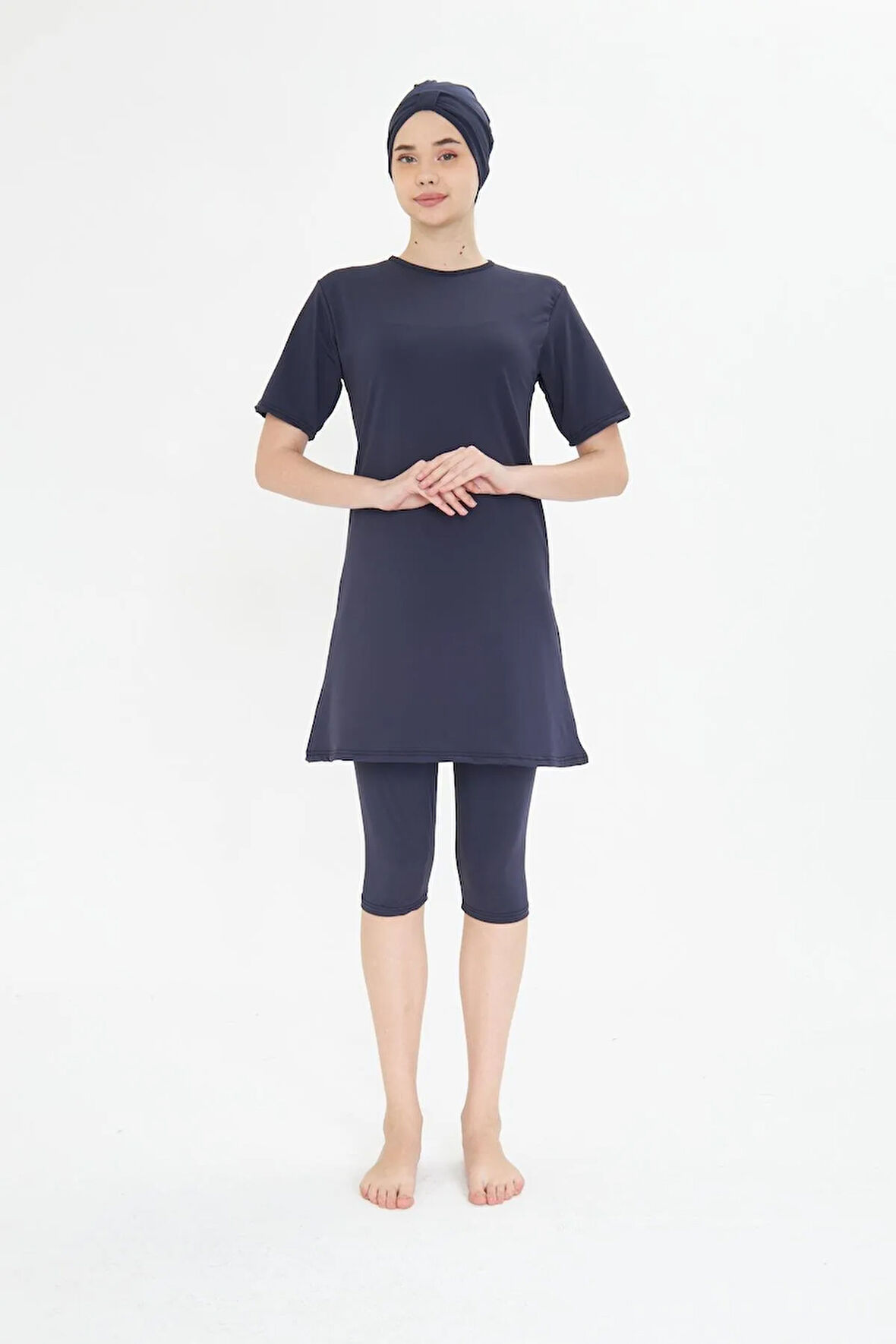 Büyük Beden Kısa Kollu Likralı Yarı Kapalı Tesettür Mayo Siyah 3484B-S