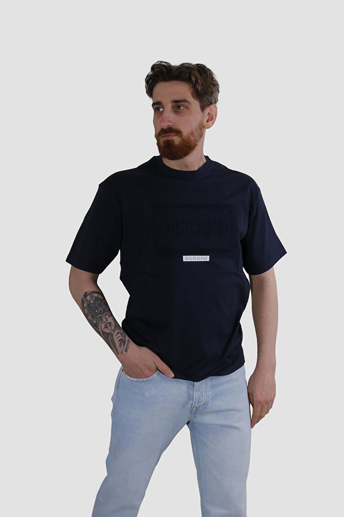 GLOBAY 3064 HSK BASKILI OVERSIZE T-SHIRT-LACİVERT