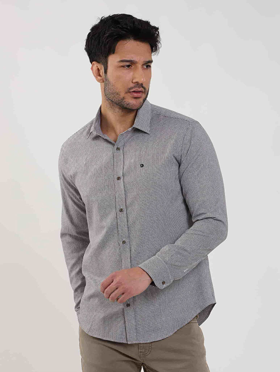 Dufy Kahverengi Erkek Slim Fit Kareli Brent Yaka Uzun Kol Gömlek - 100239