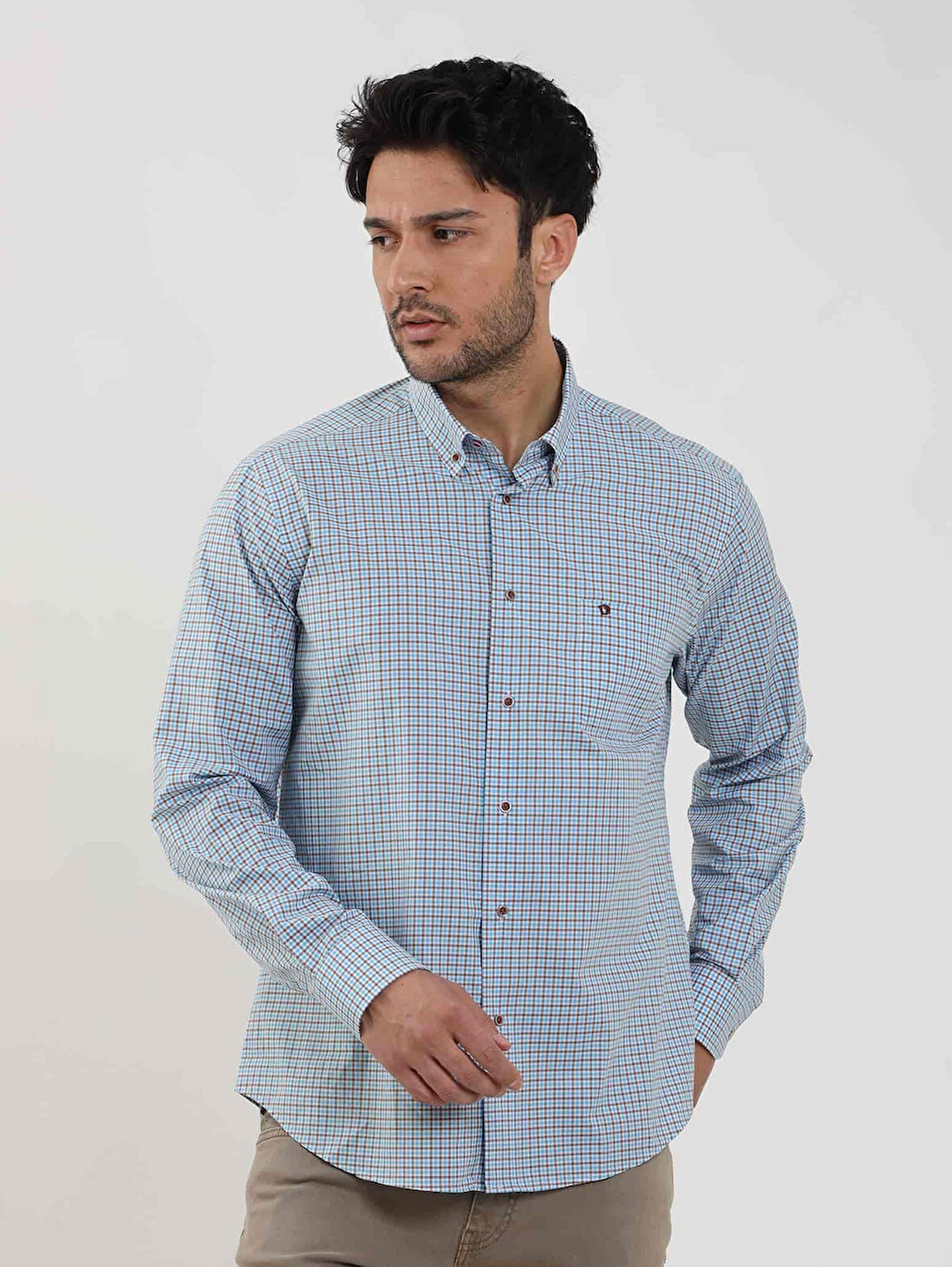 Dufy Mavi Erkek Regular Fit Pitikare Desenli Düğmeli Yaka Uzun Kol Gömlek - 102124