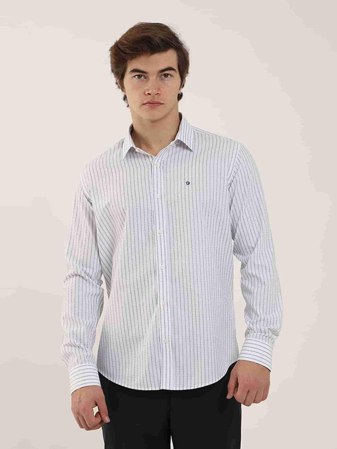 Dufy Beyaz Erkek Slim Fit Çizgili Brent Yaka Uzun Kol Gömlek - 102144