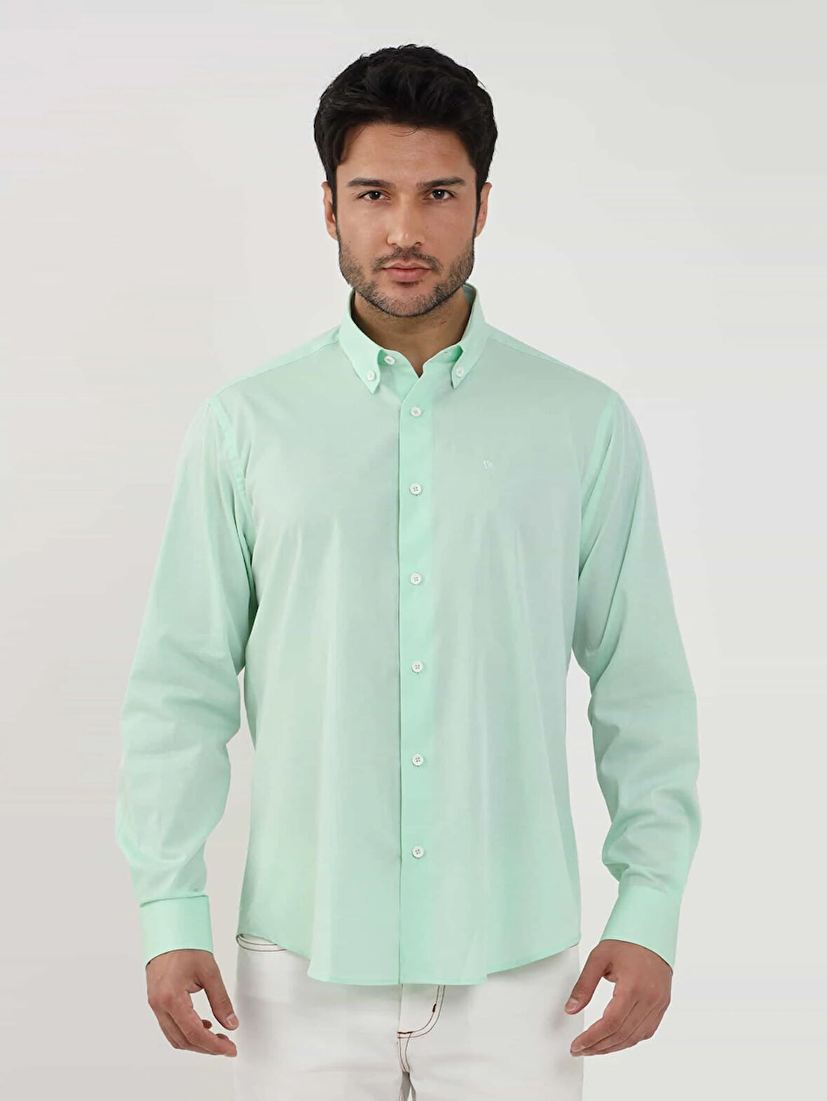 Dufy Yeşil Erkek Regular Fit Düz Brent Düğmeli Yaka Uzun Kol Gömlek - 102194