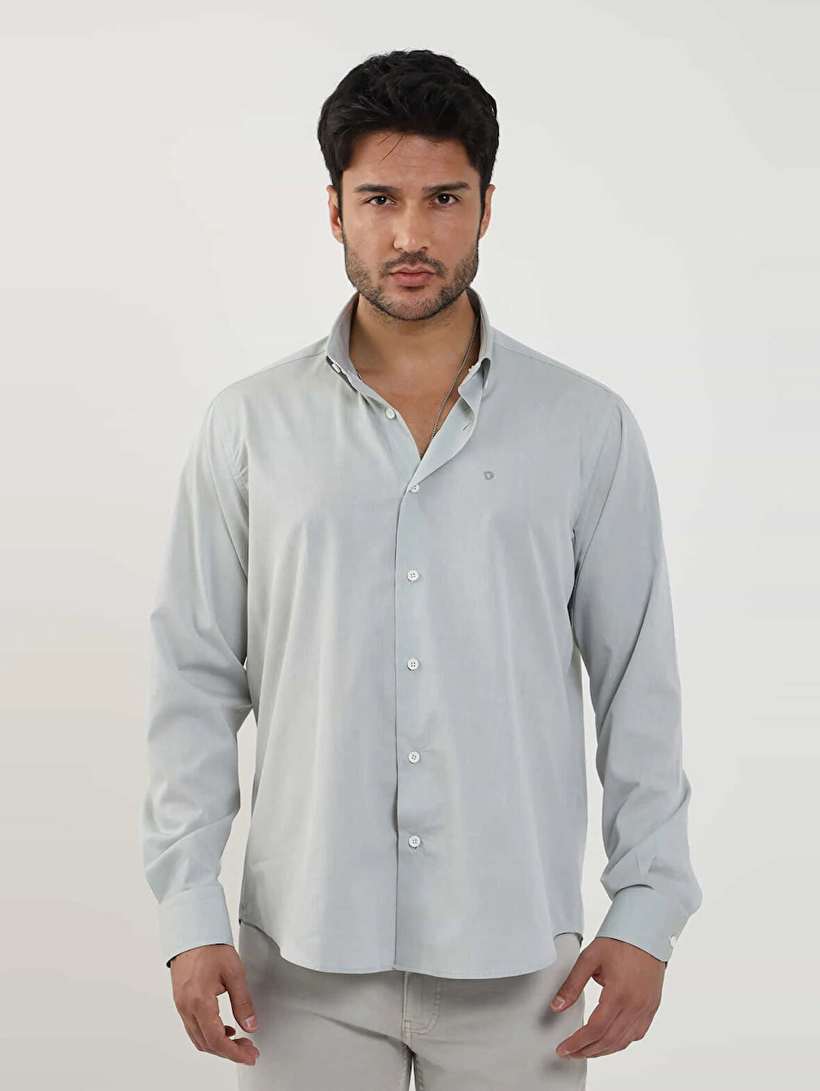 Dufy Haki Erkek Regular Fit Düz Brent Düğmeli Yaka Uzun Kol Gömlek - 102204