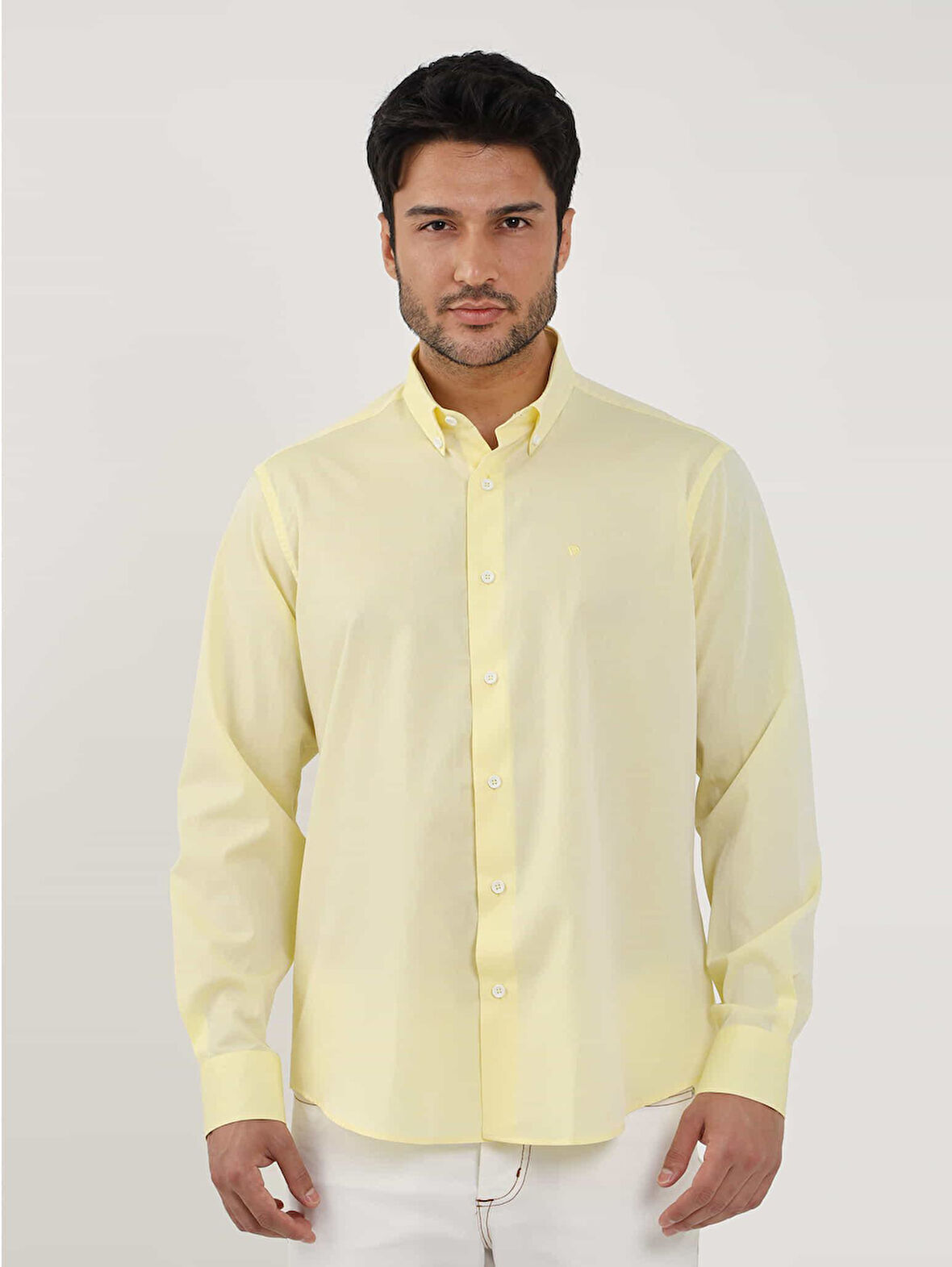 Dufy Sarı Erkek Regular Fit Düz Brent Düğmeli Yaka Uzun Kol Gömlek - 102254