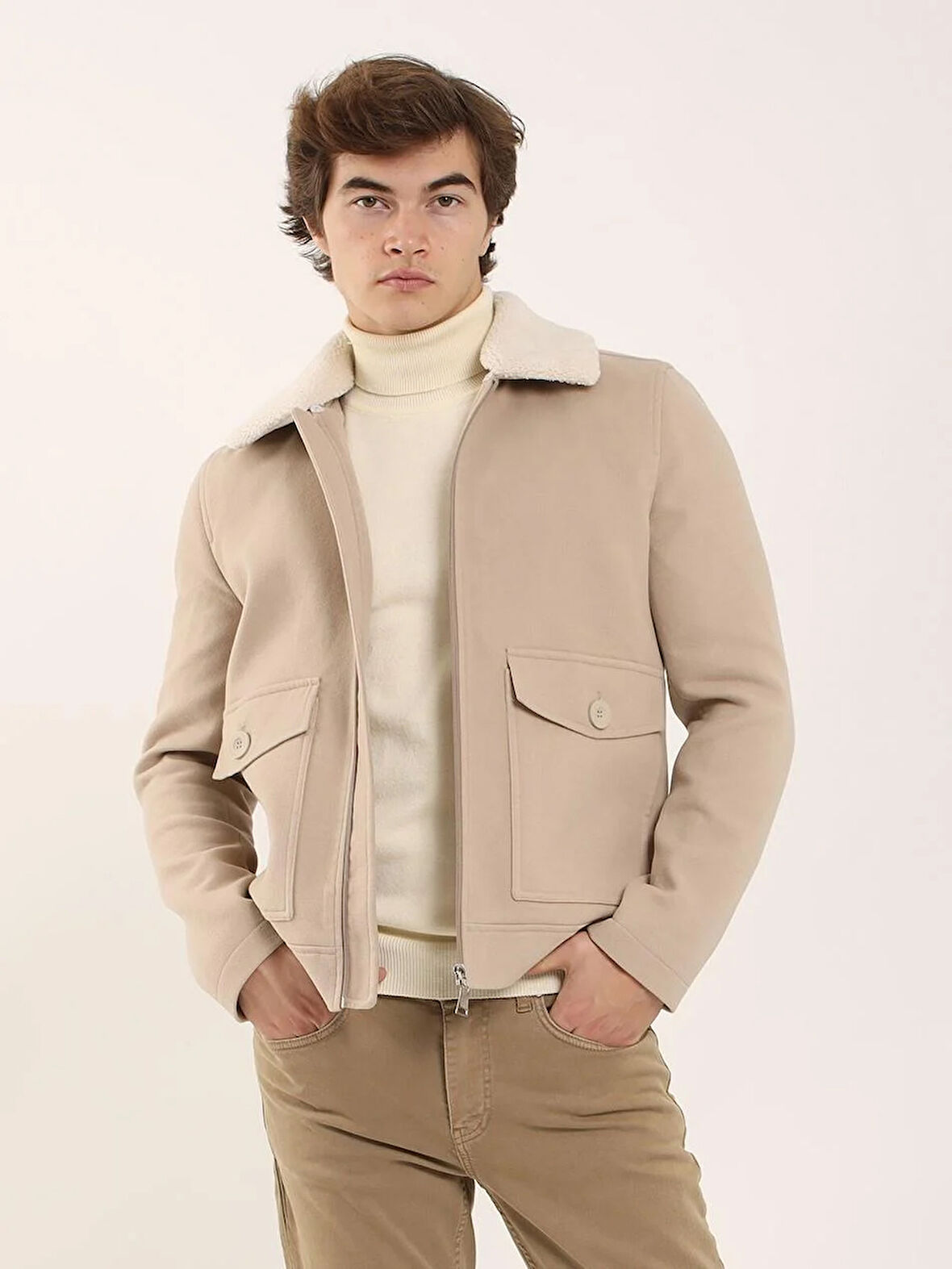 Dufy Bej Erkek Regular Fit Düz Klasik Kürklü Yaka Kaban - 102399