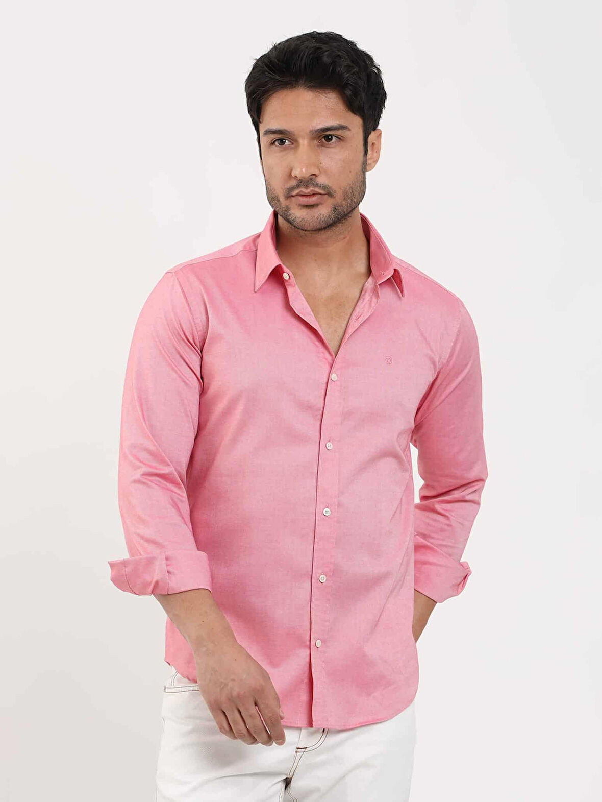 Dufy Açık Kırmızı Erkek Slim Fit Düz Brent Düğmeli Yaka Uzun Kol Gömlek - 102439