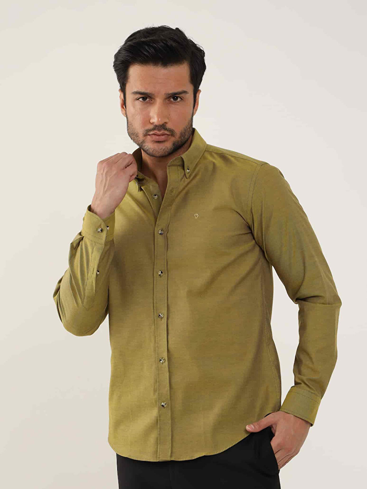 Dufy Hardal Erkek Slim Fit Düz Brent Düğmeli Yaka Uzun Kol Gömlek - 102454