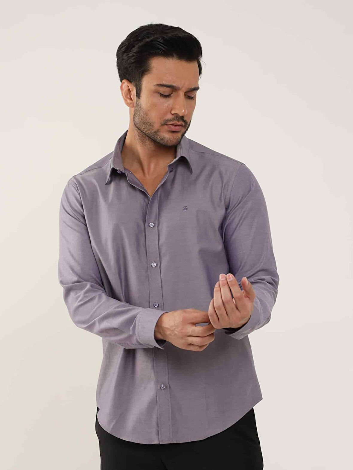 Dufy Mor Erkek Slim Fit Düz Brent Düğmeli Yaka Uzun Kol Gömlek - 102459