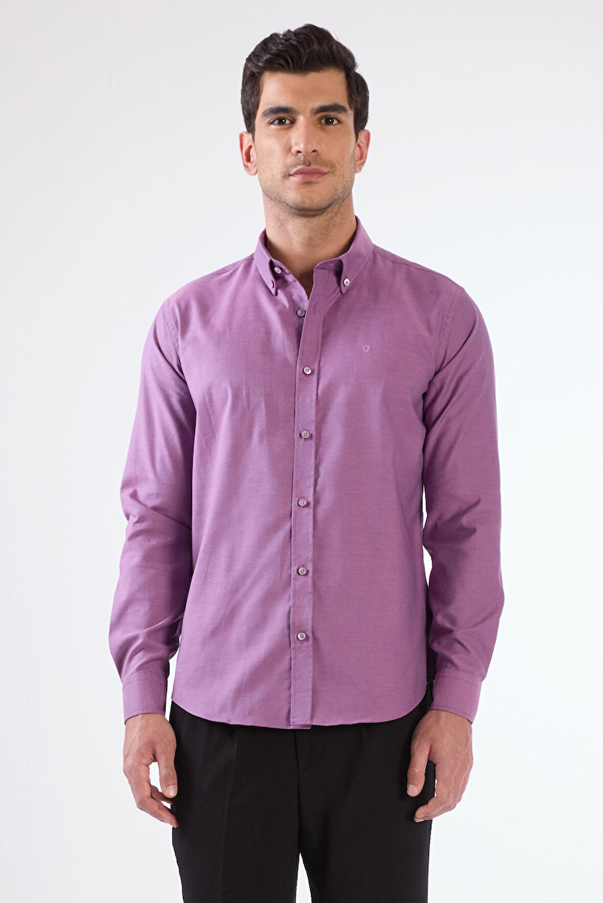 Koyu Lila Erkek Slim Fit Düz Brent Düğmeli Yaka Uzun Kol Gömlek 