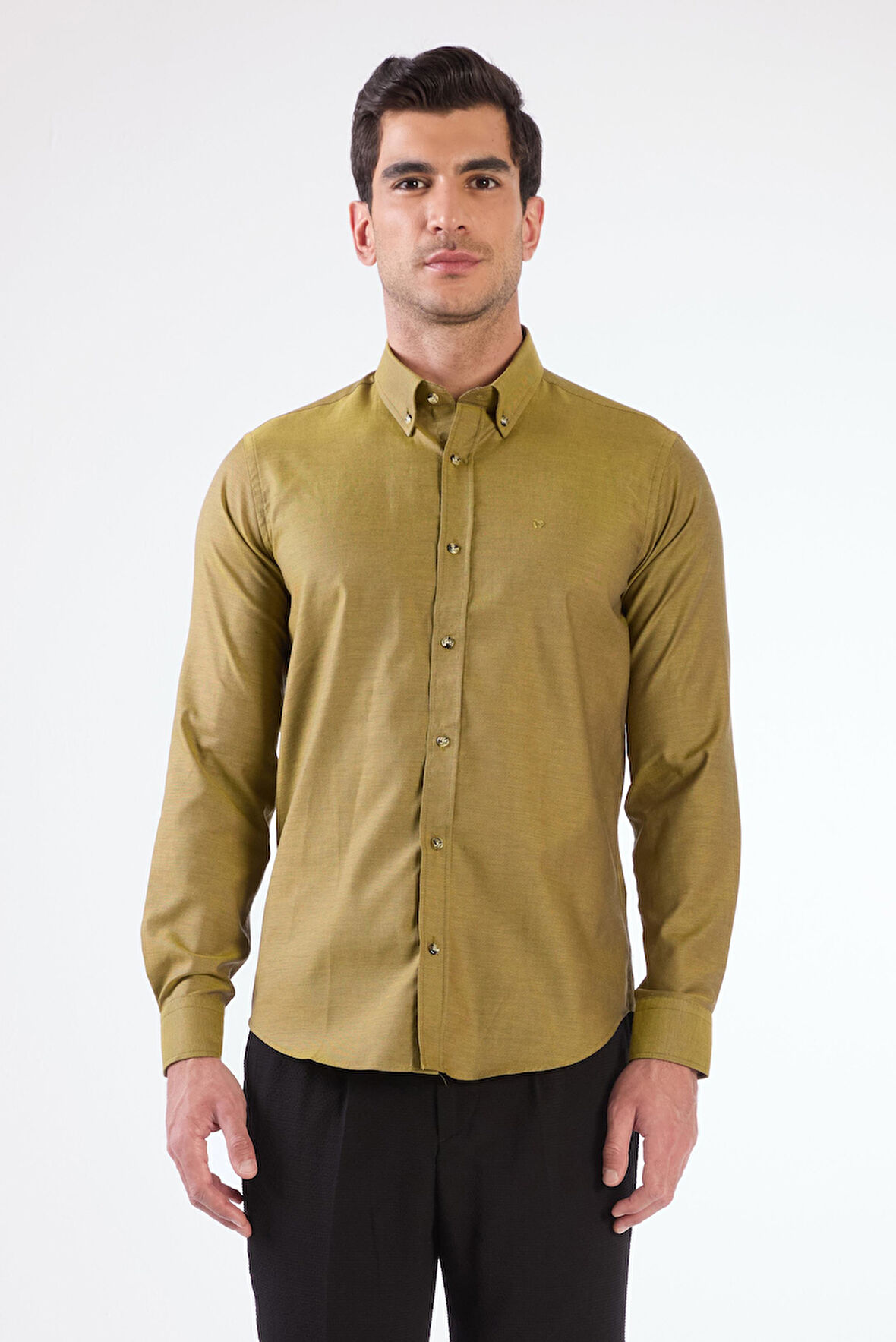 Koyu Sarı Erkek Slim Fit Düz Brent Düğmeli Yaka Uzun Kol Gömlek 
