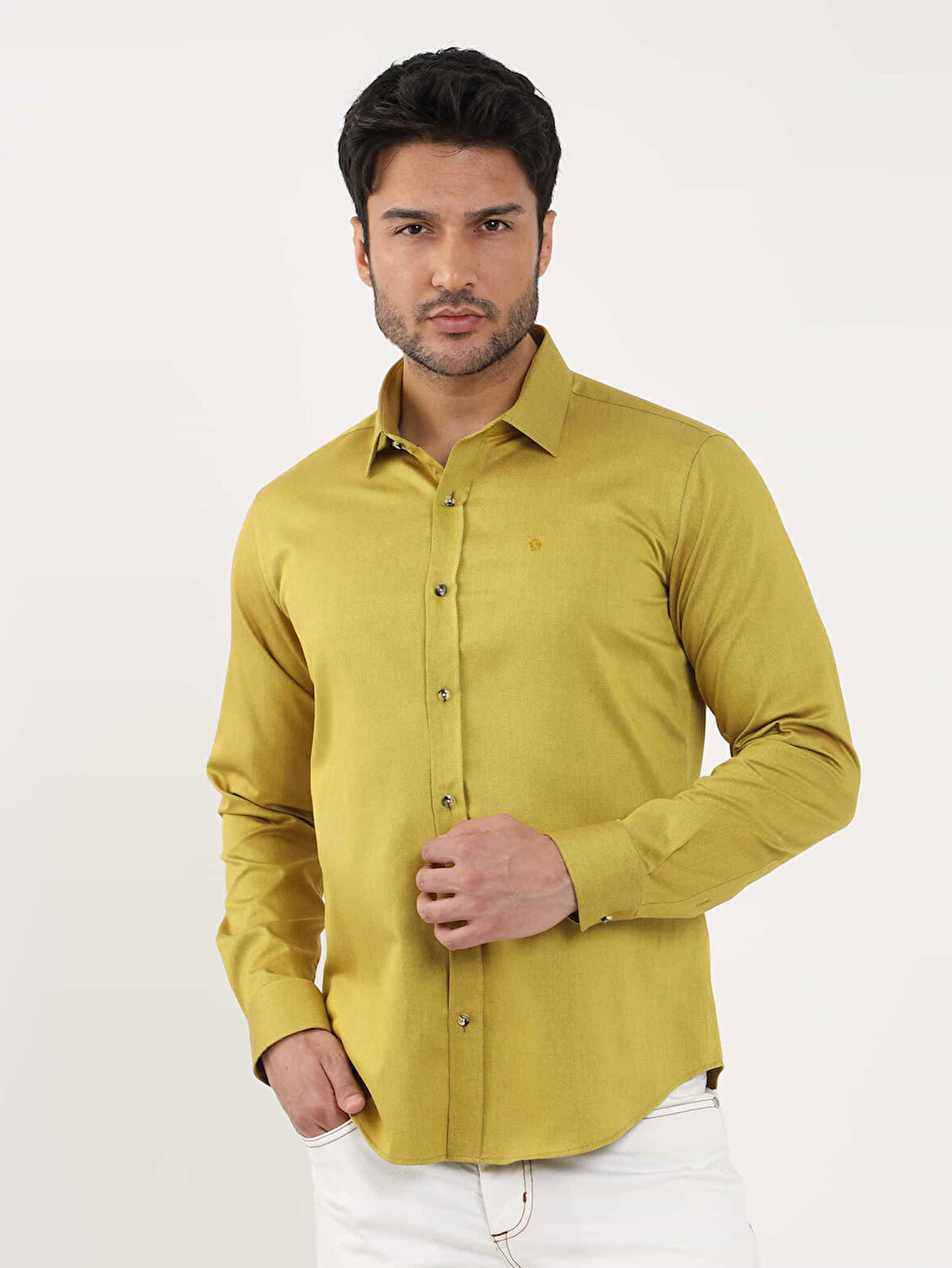 Dufy Koyu Sarı Erkek Slim Fit Düz Brent Yaka Uzun Kol Gömlek - 102499