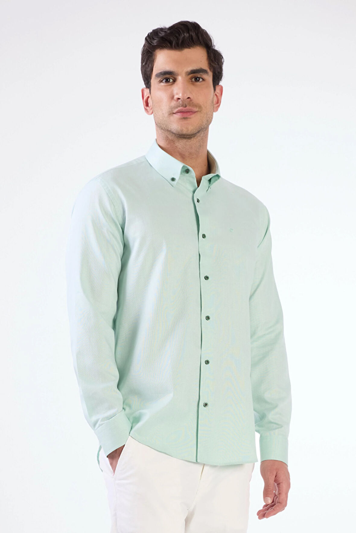 Yeşil Erkek Slim Fit Düz Düğmeli Yaka Uzun Kol Gömlek 