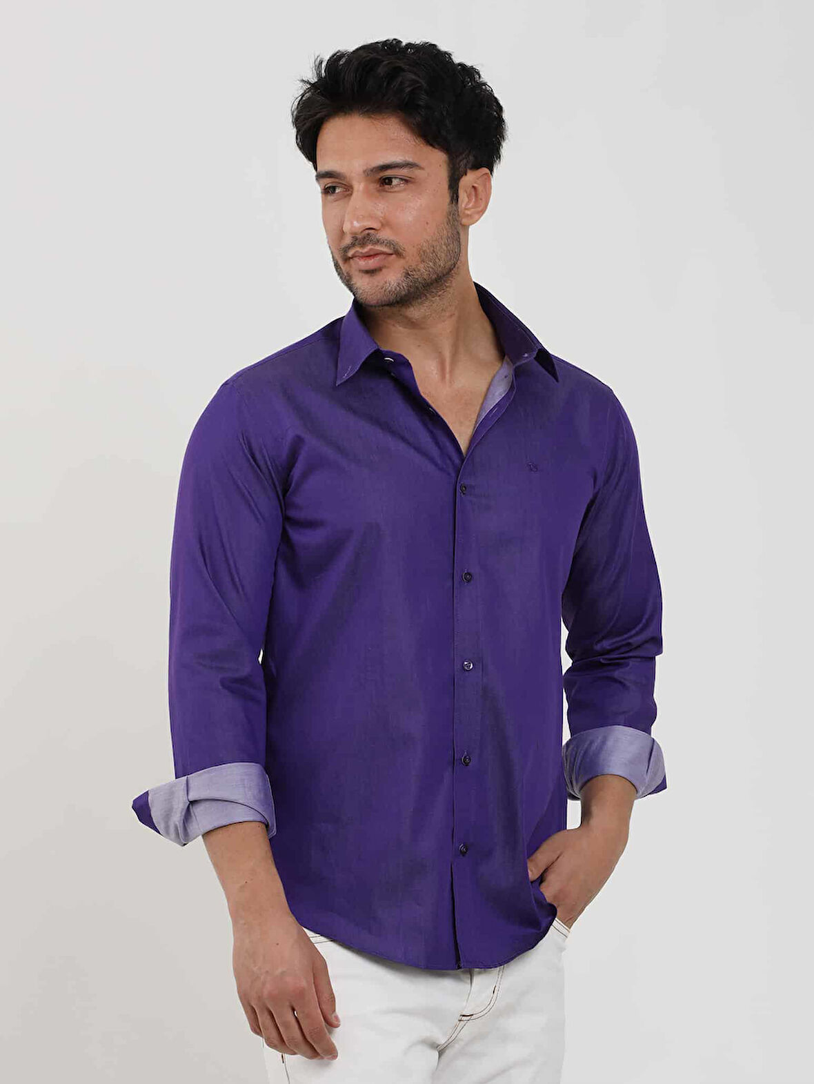 Dufy Mor Erkek Slim Fit Düz Düğmeli Yaka Uzun Kol Gömlek - 102519