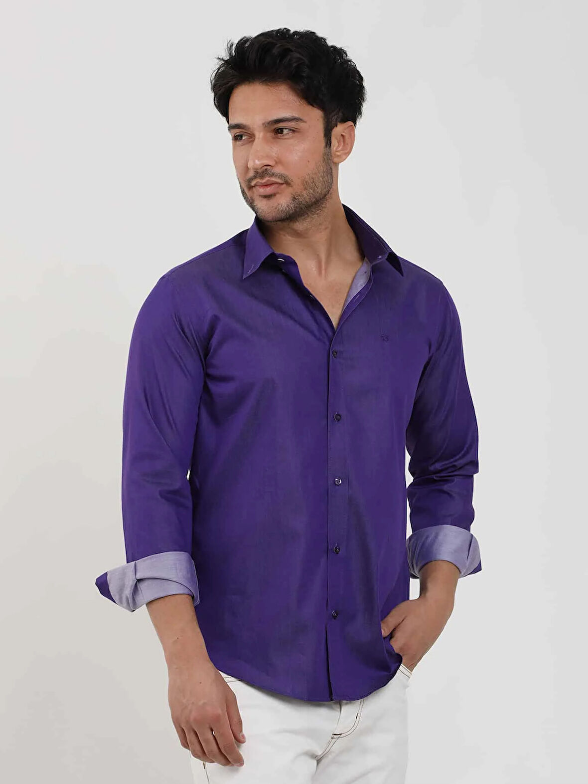 Dufy Mor Erkek Slim Fit Düz Düğmeli Yaka Uzun Kol Gömlek - 102519