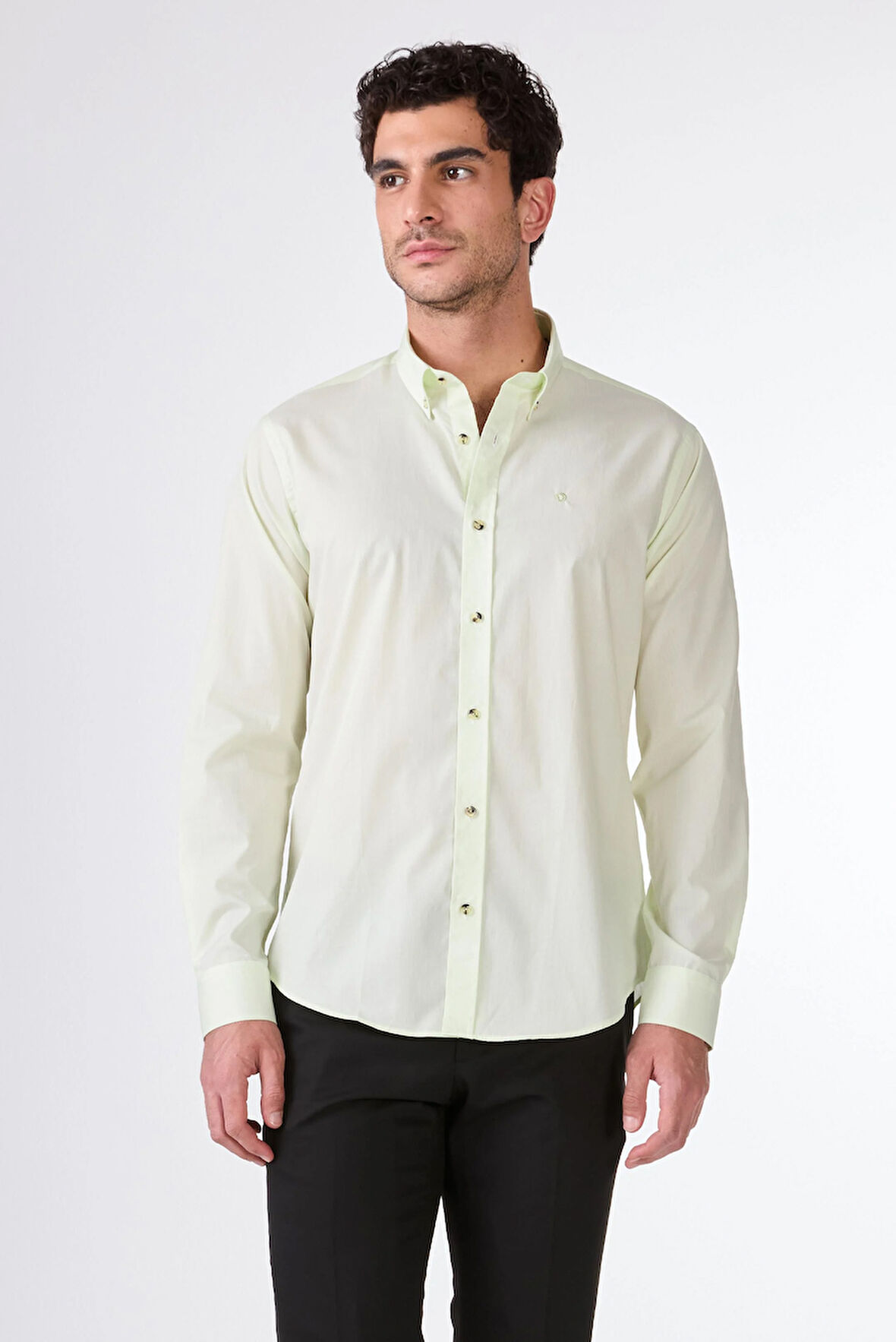 Yeşil Pamuklu  Brent Yaka Slim Fit Uzun Kol Erkek Gömlek
