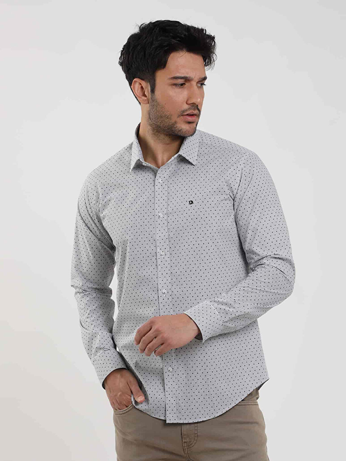 Dufy Siyah Erkek Slim Fit Pitikare Desenli Brent Yaka Uzun Kol Gömlek - 103001