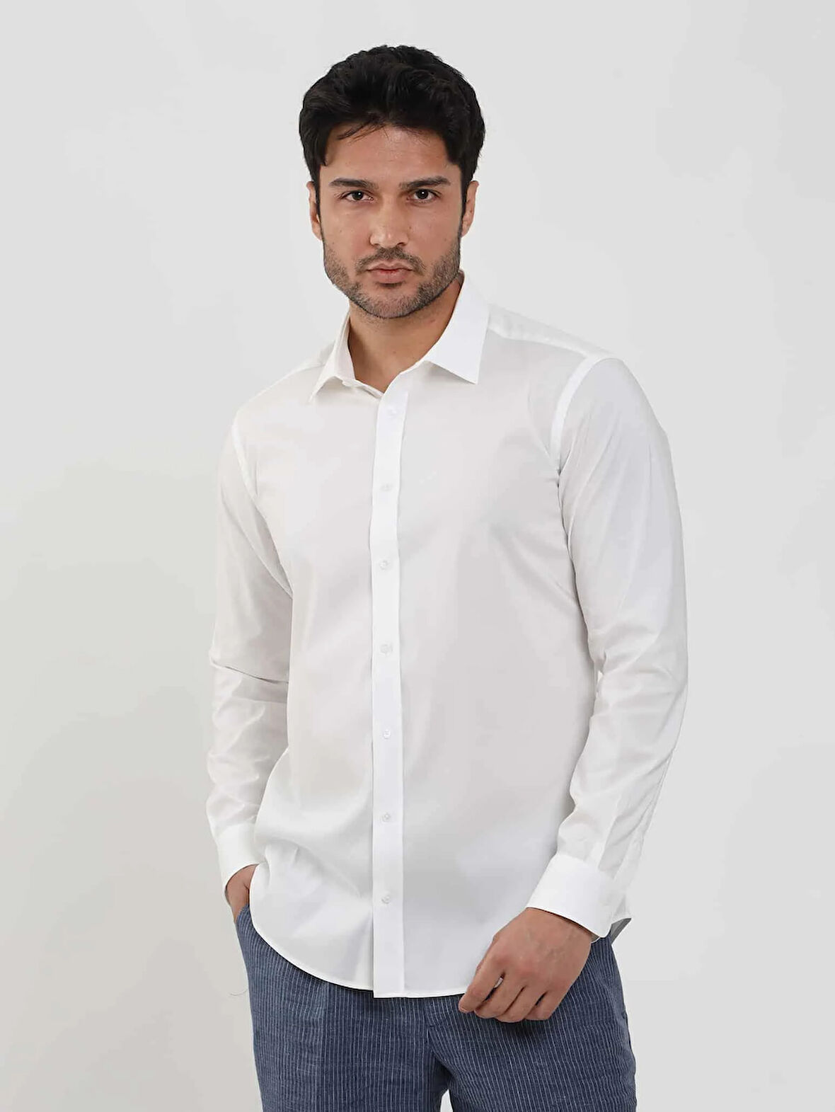 Dufy Beyaz Erkek Slim Fit Düz Klasik Yaka Uzun Kol Gömlek - 103119