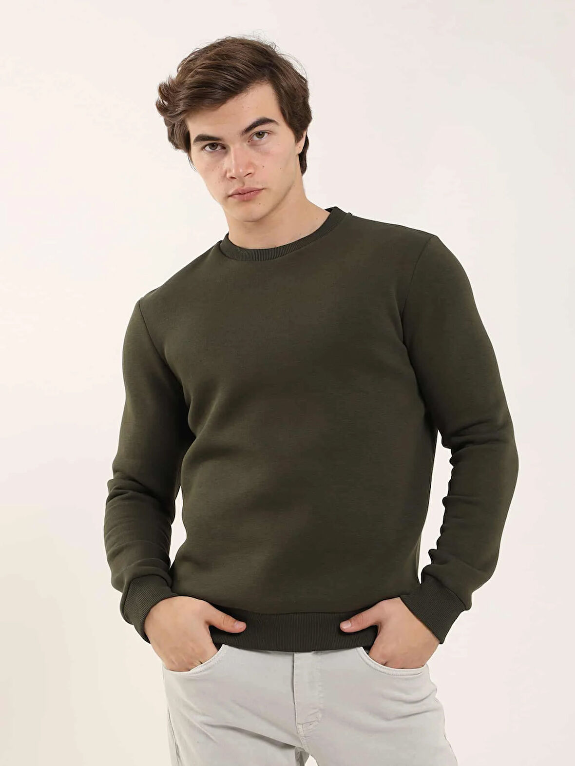 Dufy Haki Erkek Oversize Düz Pamuklu Bisiklet Yaka Sweatshirt - 103682