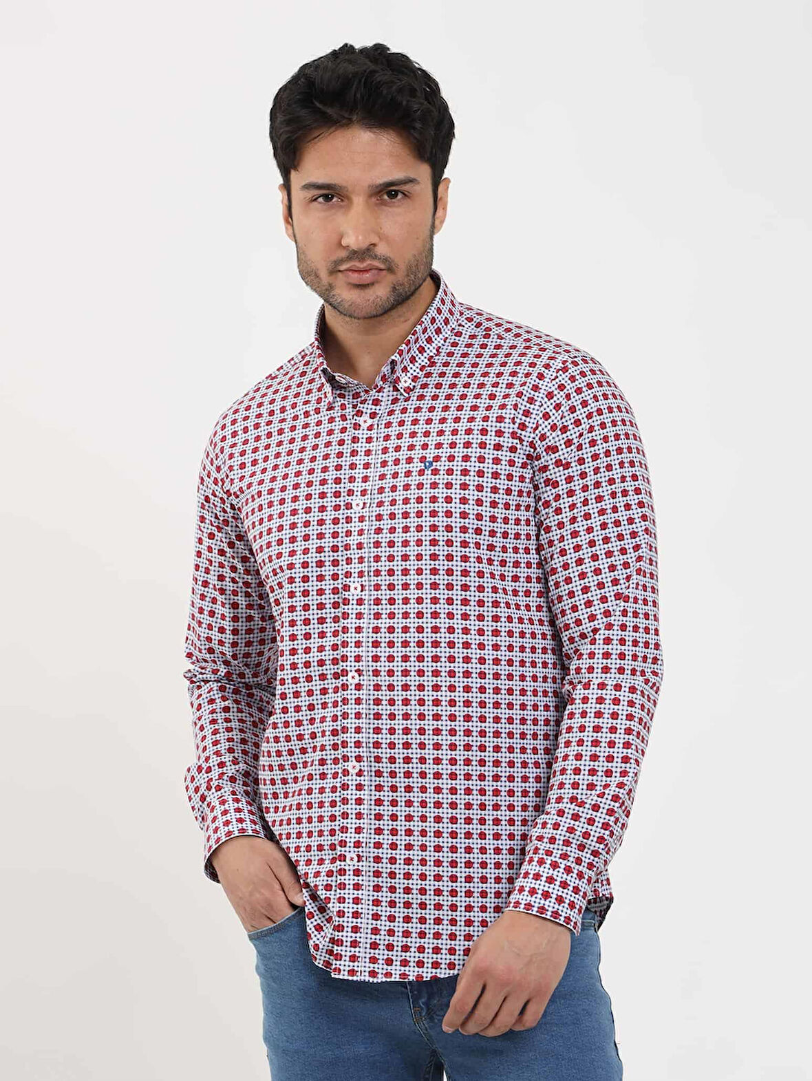 Dufy Kırmızı Erkek Slim Fit Puantiyeli Brent Düğmeli Yaka Uzun Kol Gömlek - 104344