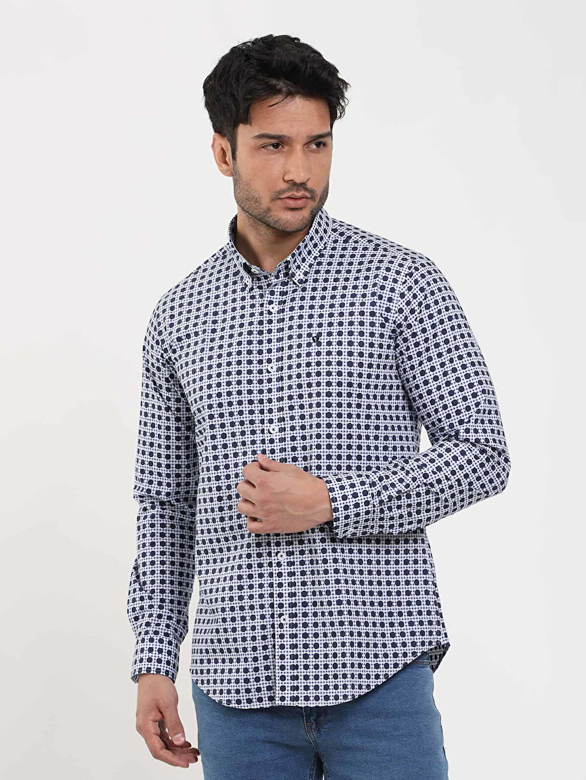 Dufy Lacivert Erkek Slim Fit Puantiyeli Brent Düğmeli Yaka Uzun Kol Gömlek - 104349