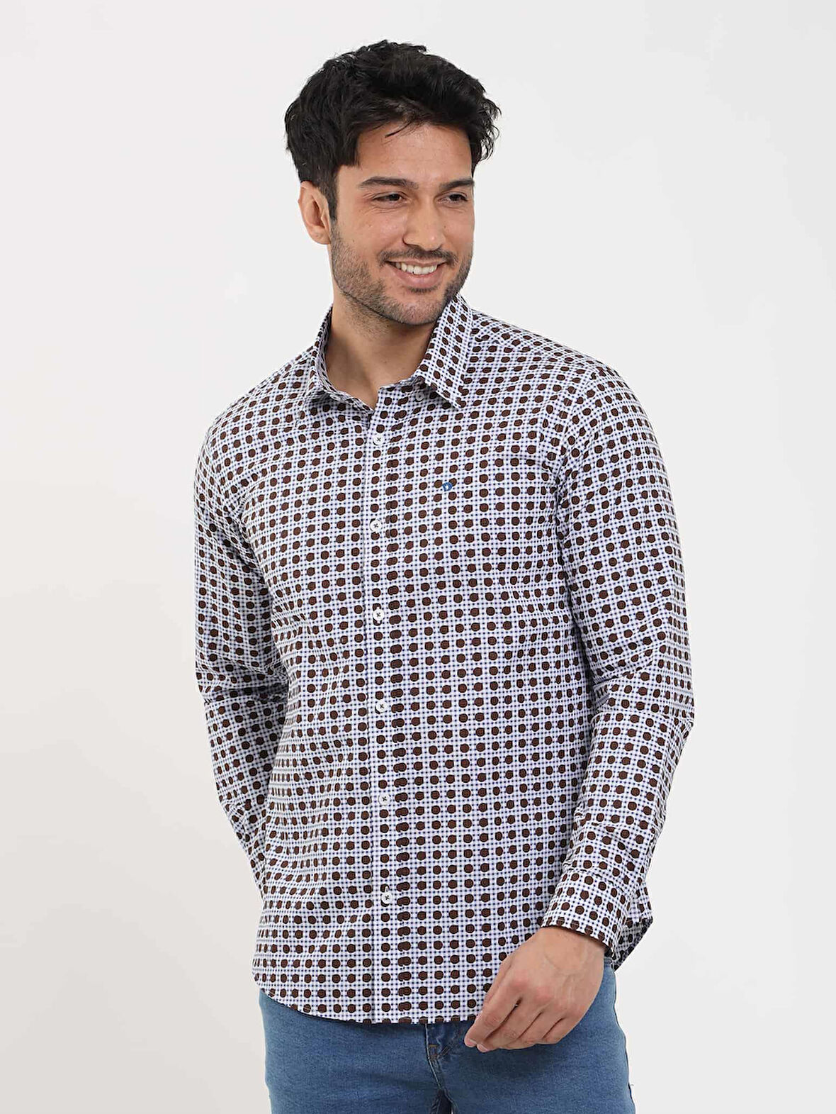 Dufy Kahverengi Erkek Slim Fit Puantiyeli Brent Düğmeli Yaka Uzun Kol Gömlek - 104359