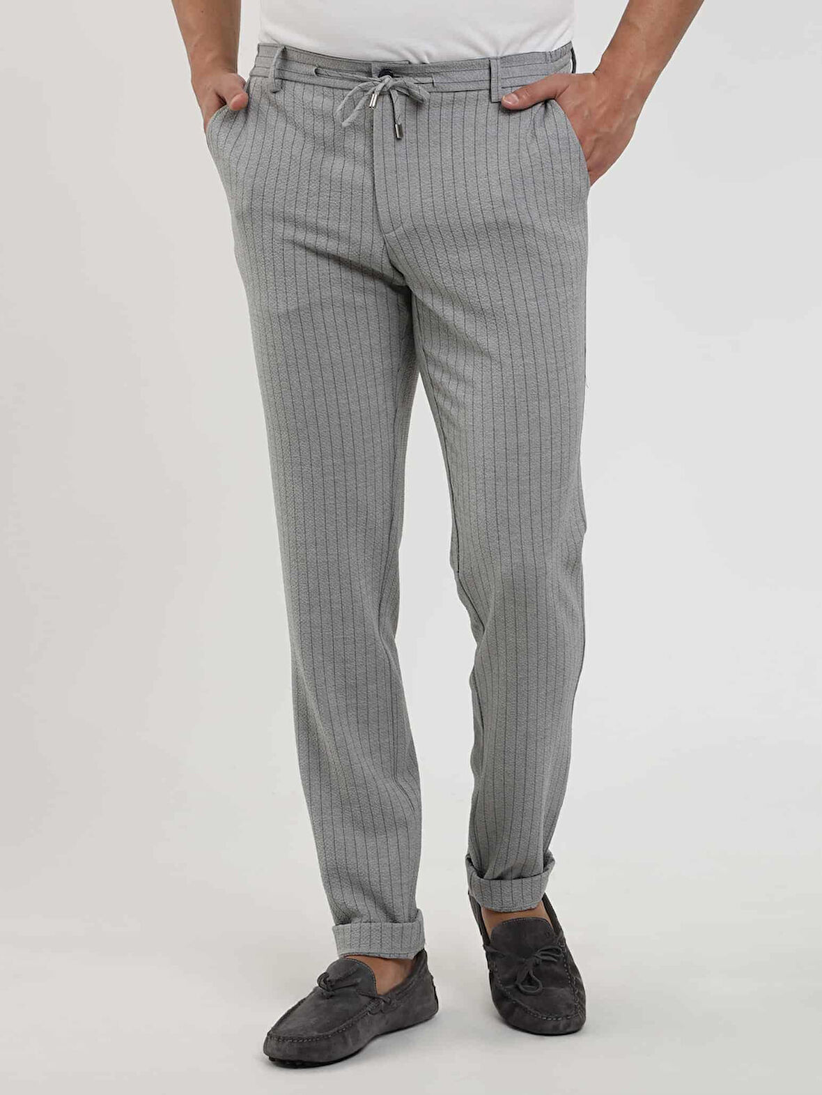 Dufy Gri Erkek Slim Fit Çizgili Gofre Desenli Pantolon - 104455