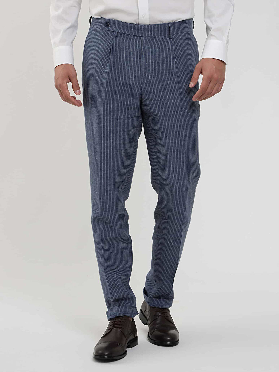 Dufy İndigo Erkek Slim Fit Çizgili Keten Pantolon - 104537