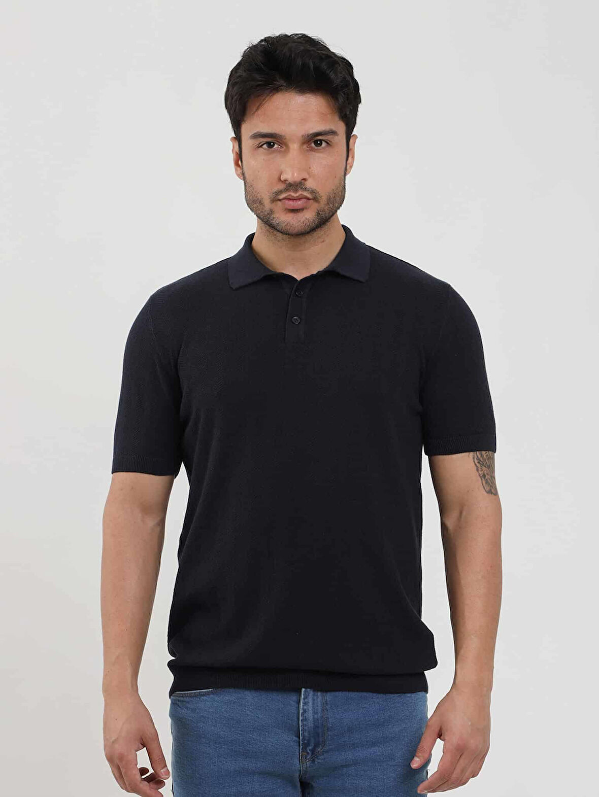 Dufy Lacivert Erkek Slim Fit Balıksırtı Desenli Polo Yaka Kazak - 104561