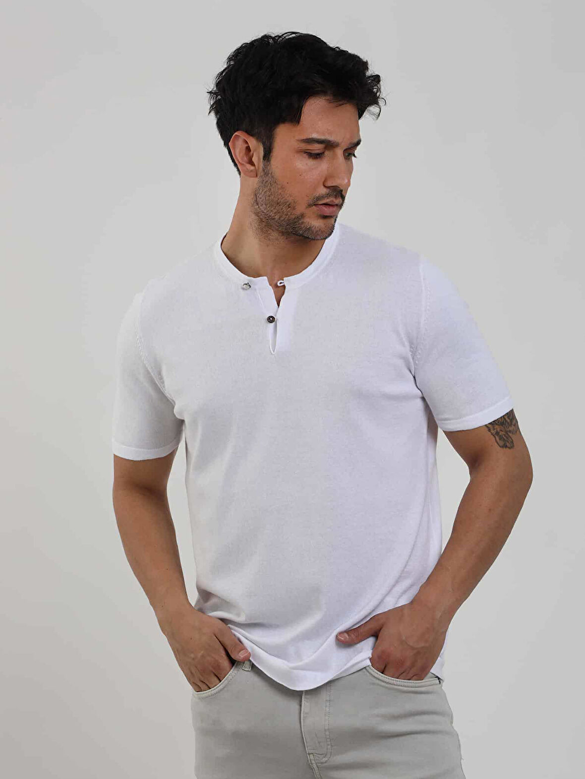 Dufy Beyaz Erkek Slim Fit Düz Düğmeli O Yaka Kazak - 104626