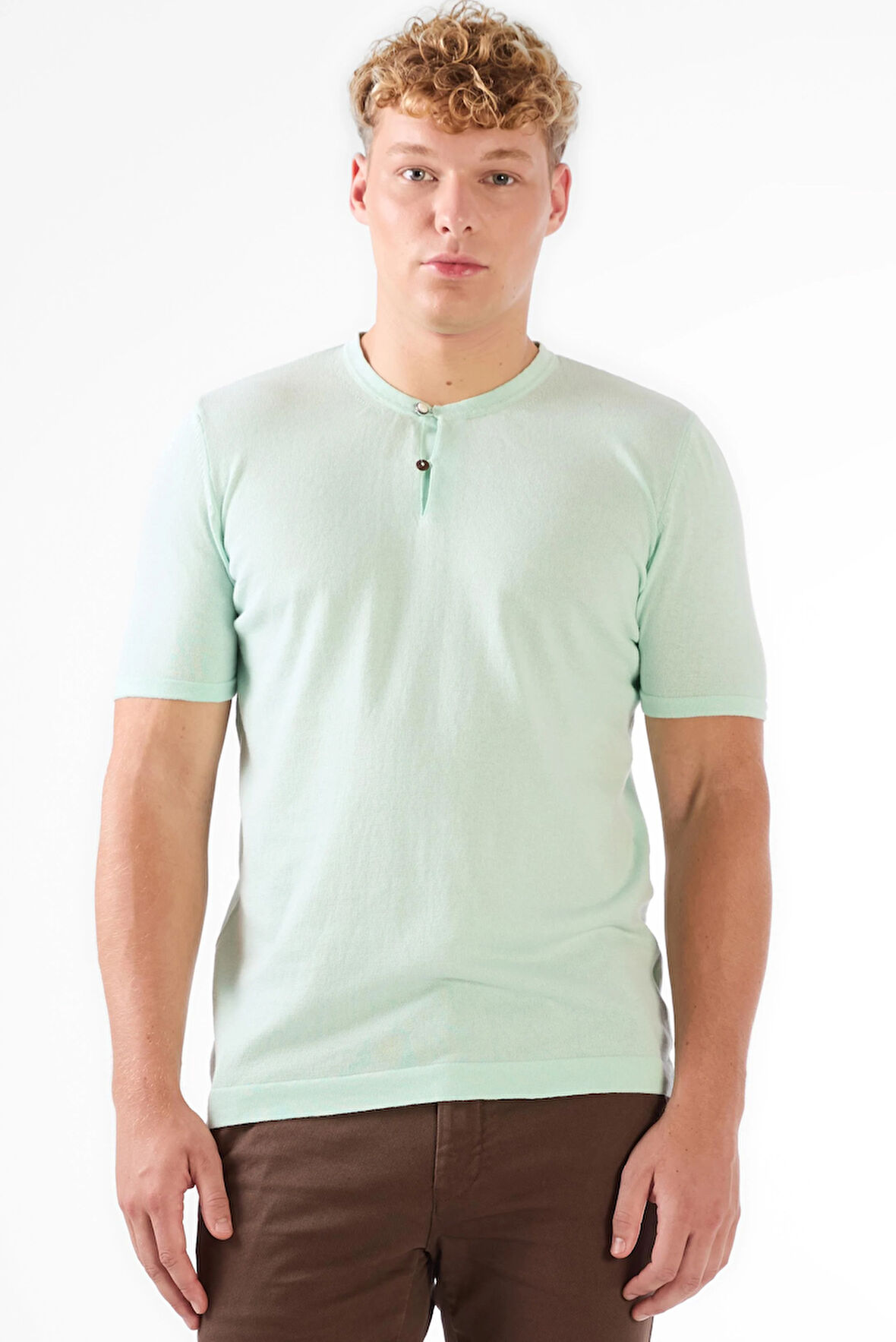 Su Yeşili Erkek Slim Fit Düz Düğmeli O Yaka Triko 