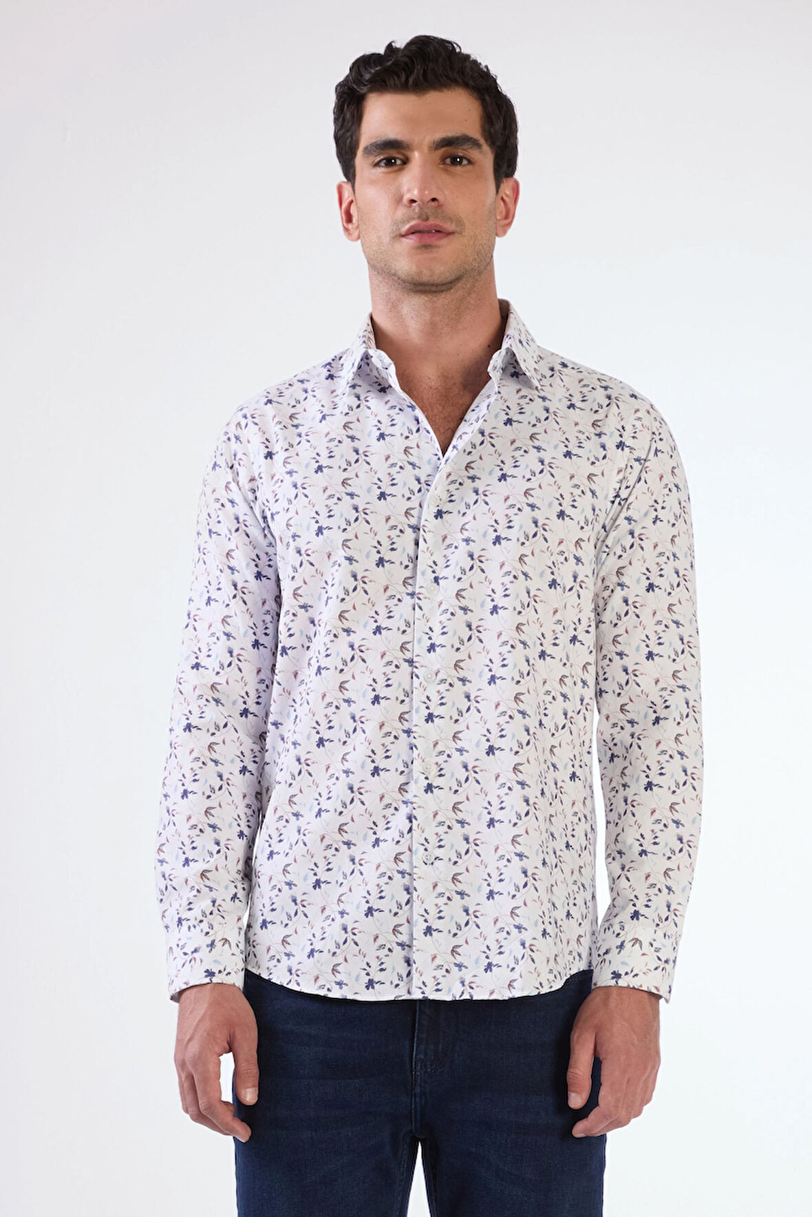 Mavi Erkek Slim Fit Çiçek Desenli Brent Yaka Uzun Kol Gömlek 