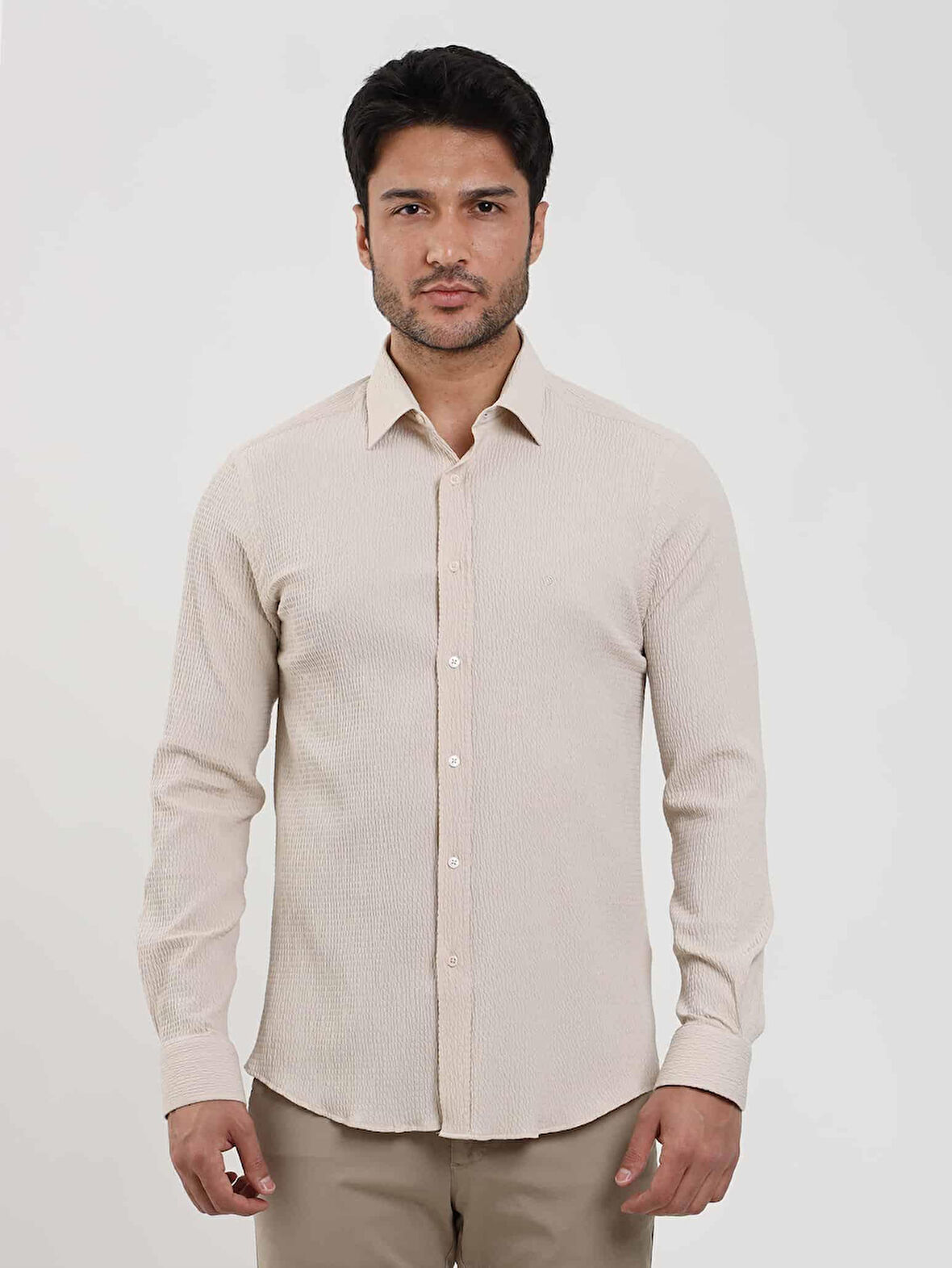 Dufy Bej Erkek Slim Fit Gofre Desenli Brent Yaka Uzun Kol Gömlek - 104810