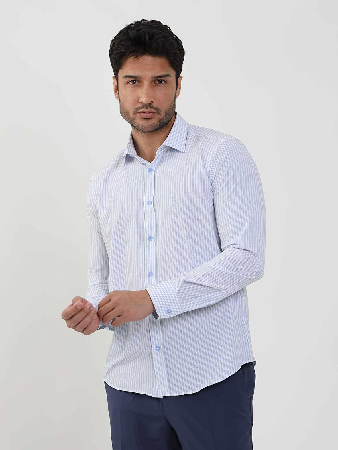 Dufy Mavi Erkek Slim Fit Çizgili Düğmeli Yaka Uzun Kol Gömlek - 104860