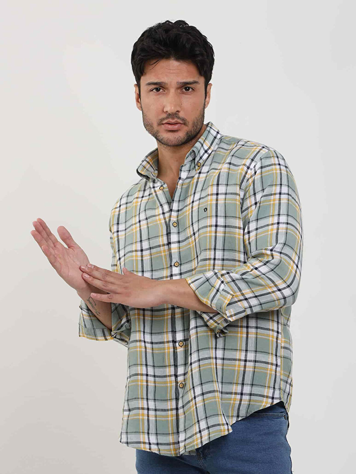 Dufy Yeşil Erkek Slim Fit Çiçek Desenli Klasik Yaka Uzun Kol Gömlek - 104885