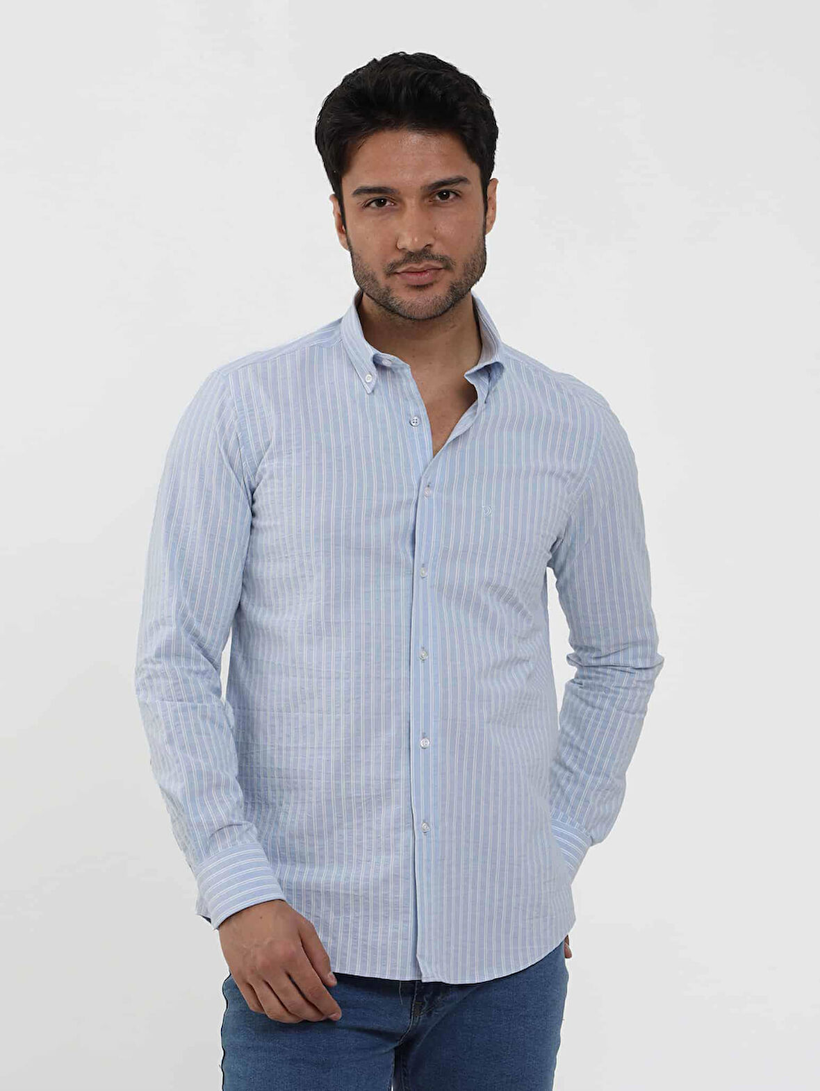 Dufy Mavi Erkek Slim Fit Çizgili Düğmeli Yaka Uzun Kol Gömlek - 104900
