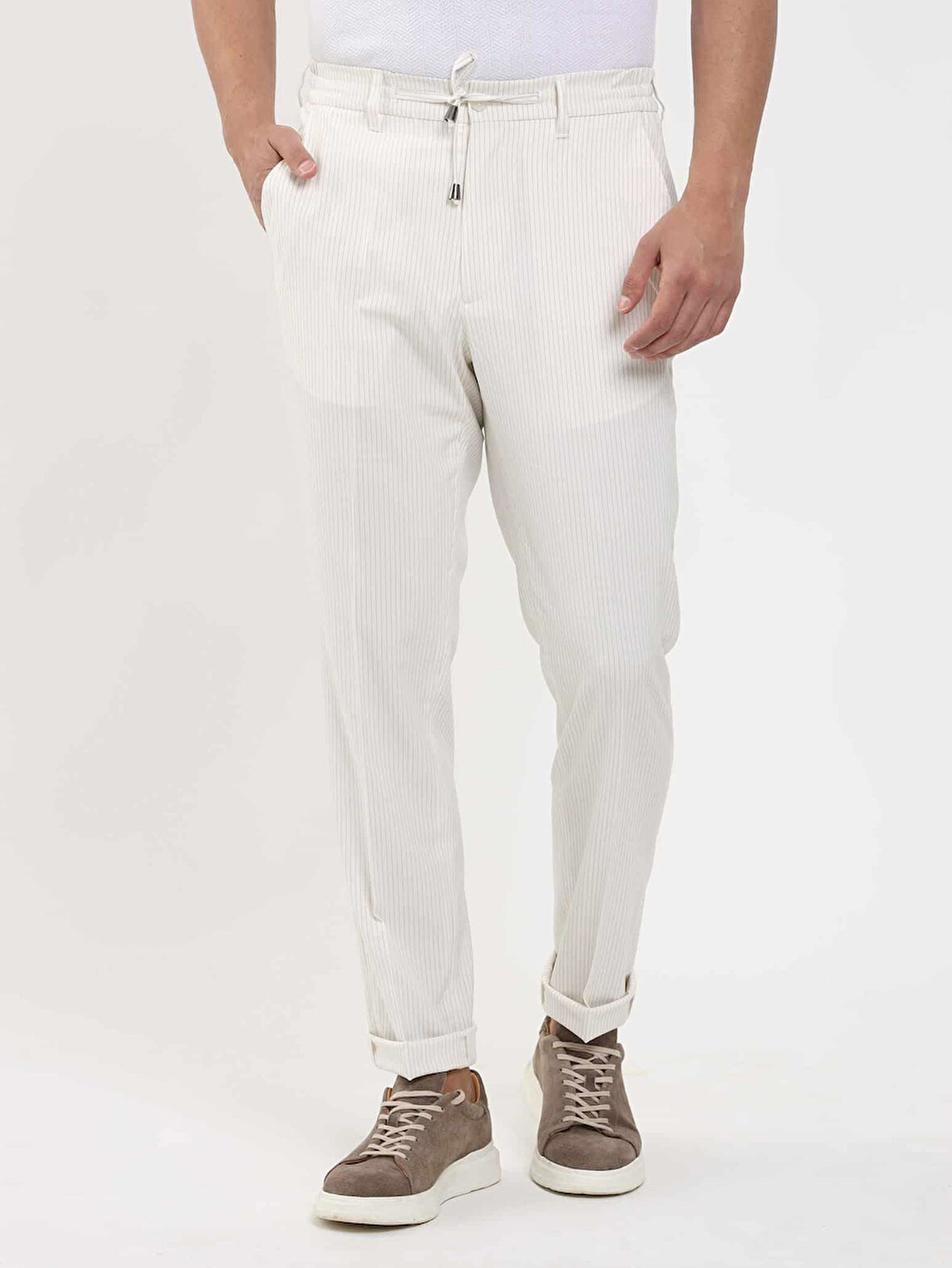 Dufy Bej Erkek Slim Fit Çizgili Pantolon - 104915