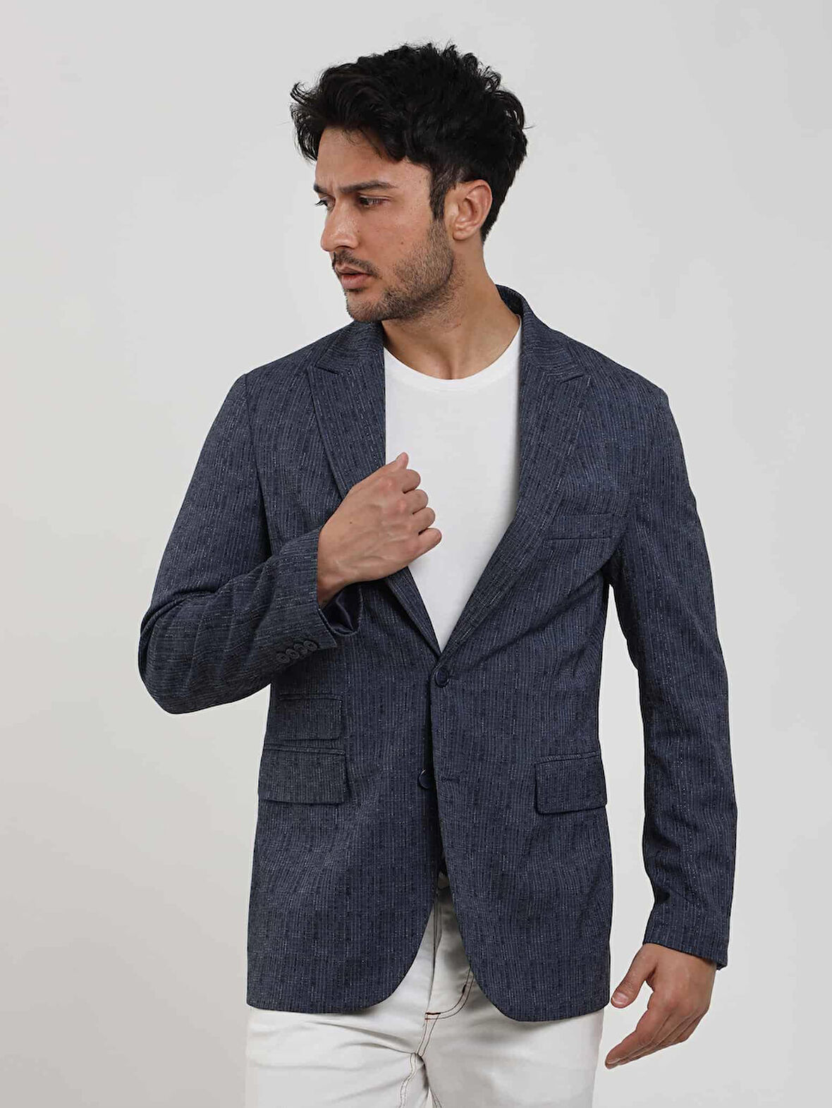 Dufy Lacivert Erkek Slim Fit Çizgili Sivri Yaka Ceket - 104442