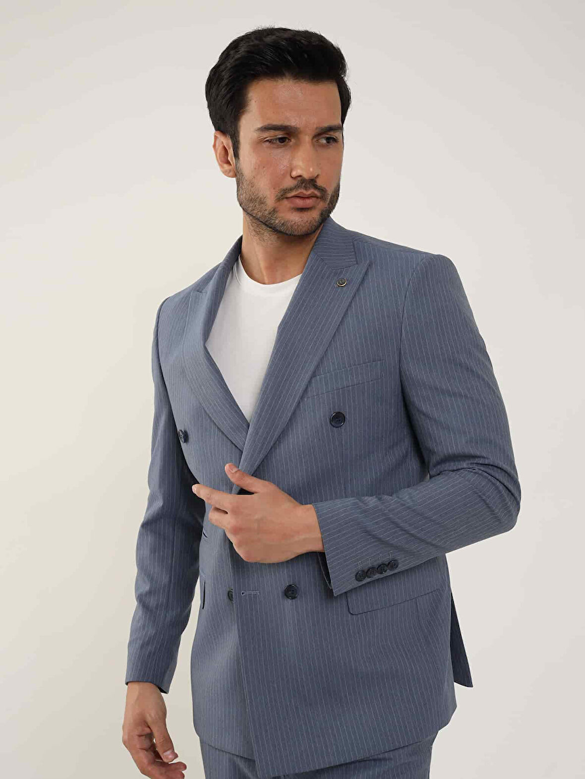 Dufy Mavi Erkek Slim Fit Çizgili Kruvaze Yaka Takım Elbise - 104426
