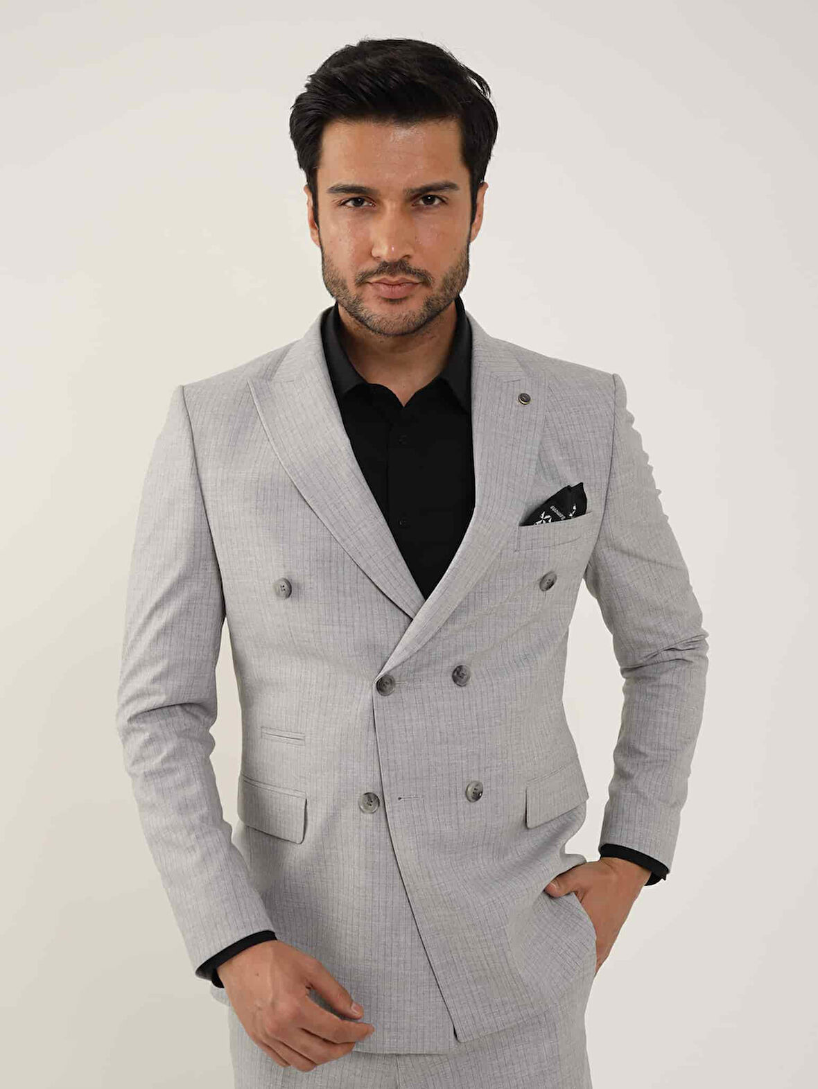 Dufy Gri Erkek Slim Fit Çizgili Kruvaze Yaka Takım Elbise - 104427