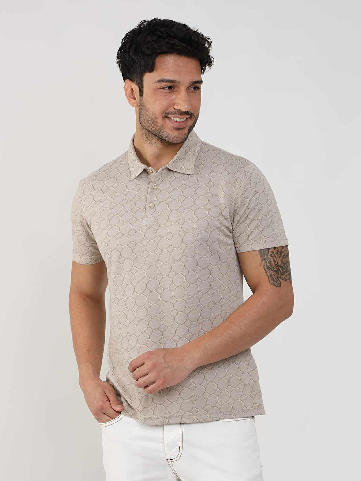 Dufy Bej Erkek Slim Fit Jakarlı Polo Yaka Tshirt - 105234