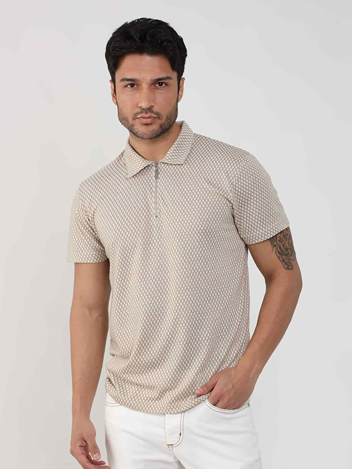 Dufy Bej Erkek Slim Fit Baklava Desenli Polo Yaka Tshirt - 105319