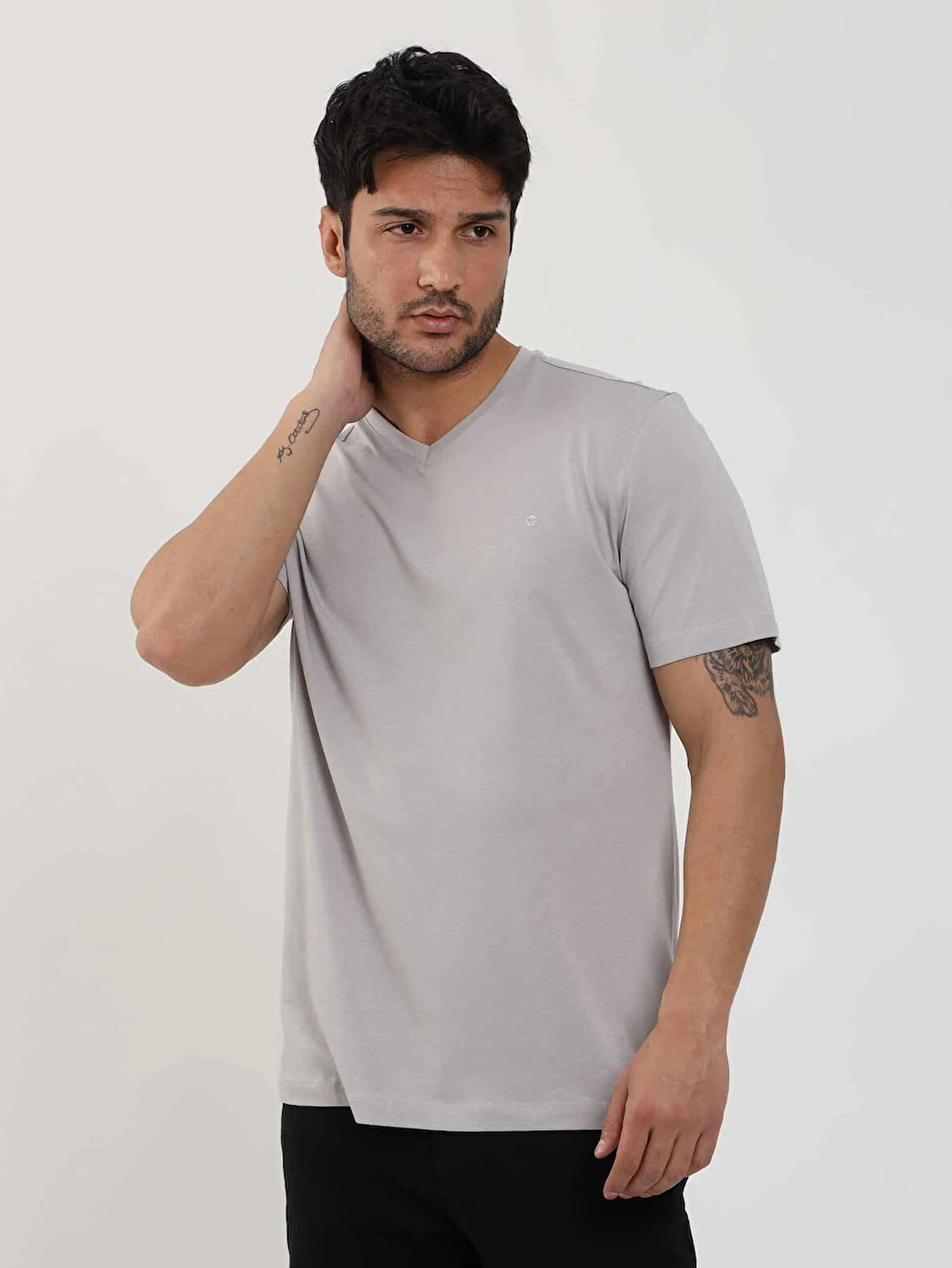 Dufy Gri Melanj Erkek Slim Fit Düz V Yaka Tshirt - 105648