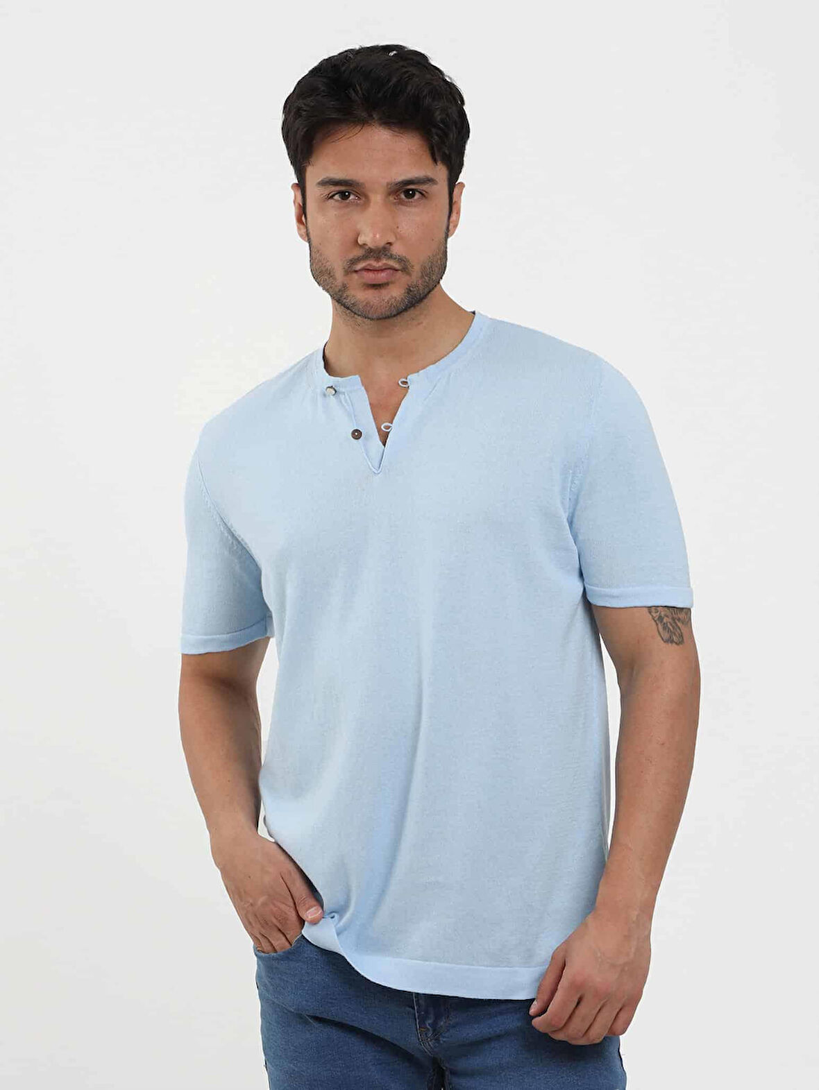 Dufy Buz Mavisi Erkek Slim Fit Düz Düğmeli O Yaka Kazak - 104636