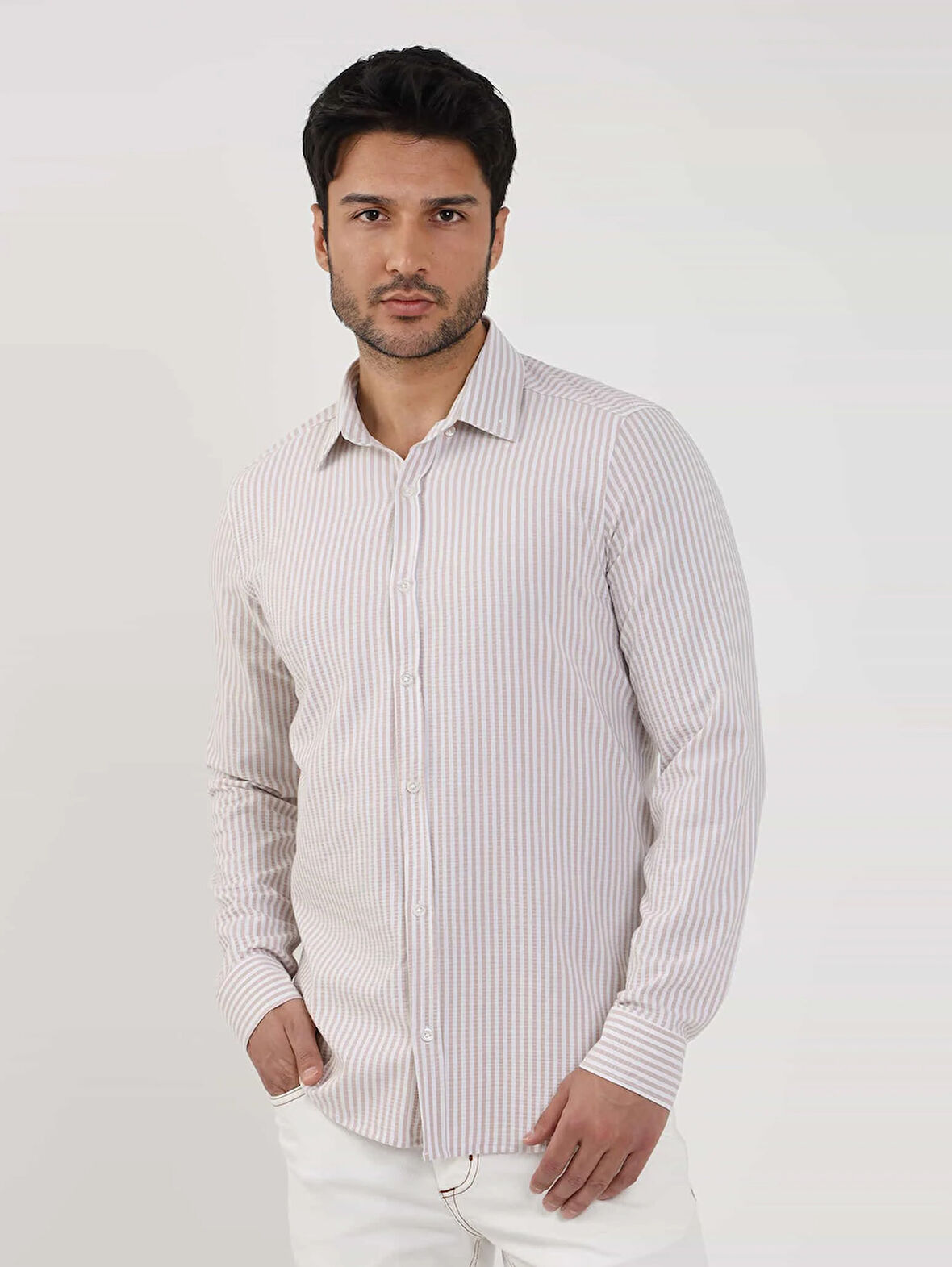 Dufy Bej Erkek Slim Fit Çizgili Klasik Yaka Uzun Kol Gömlek - 107438