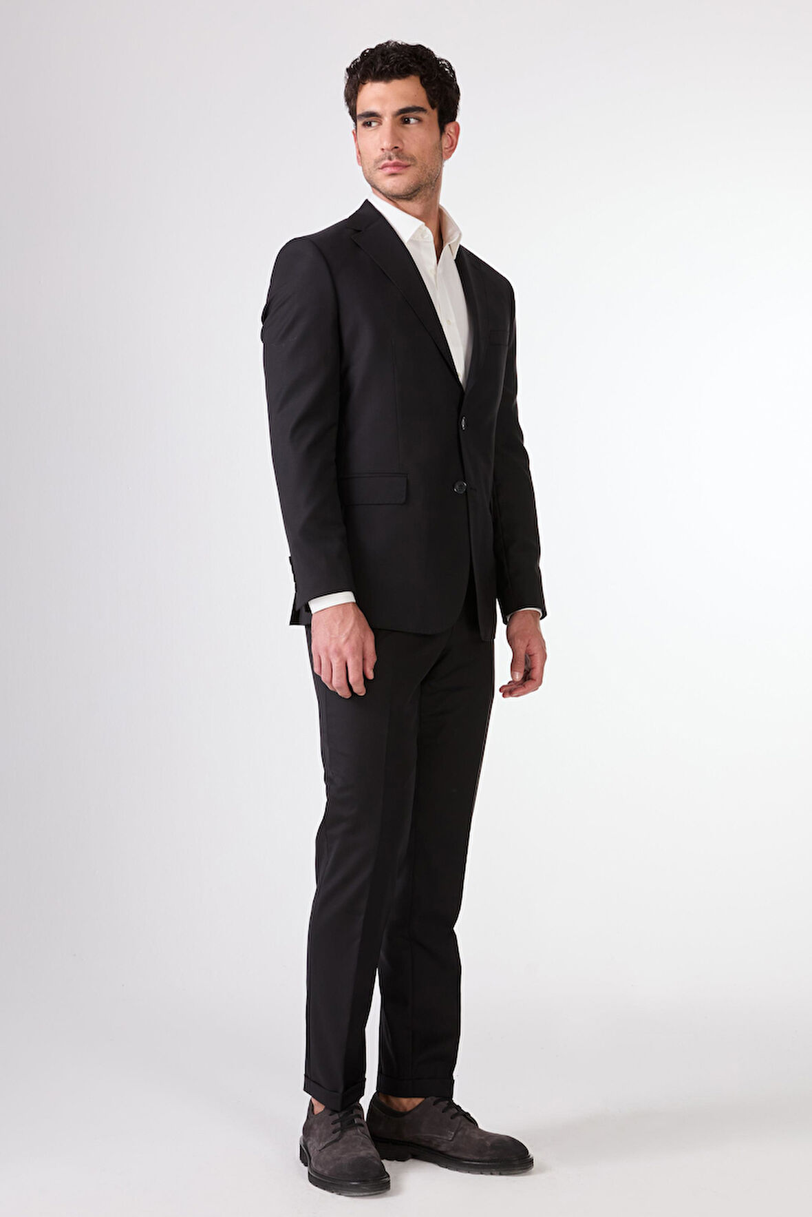 Siyah Düz Renk Yünlü Slim Fit Erkek Takım Elbise 