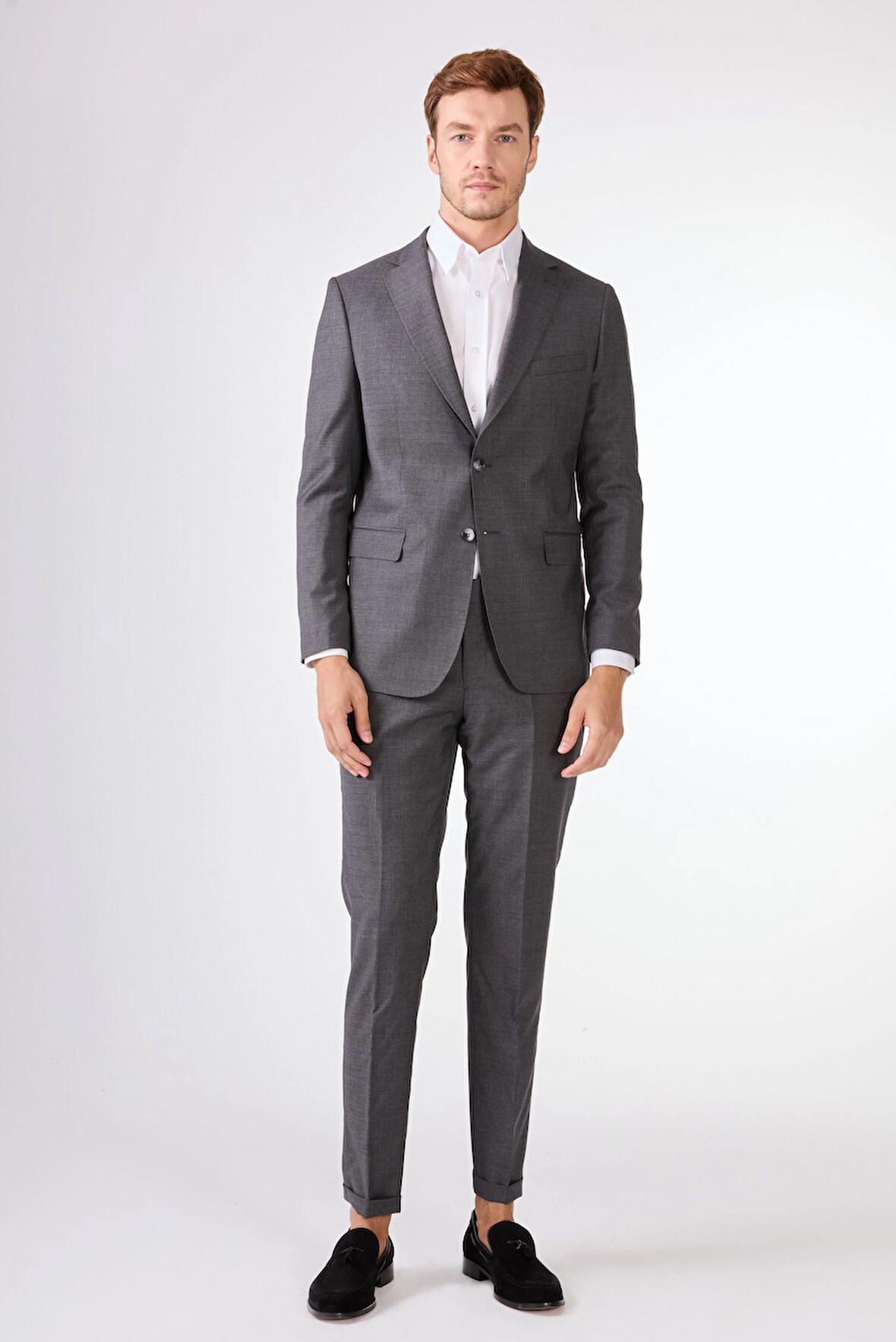 Gri Düz Renk Yünlü Slim Fit Erkek Takım Elbise 