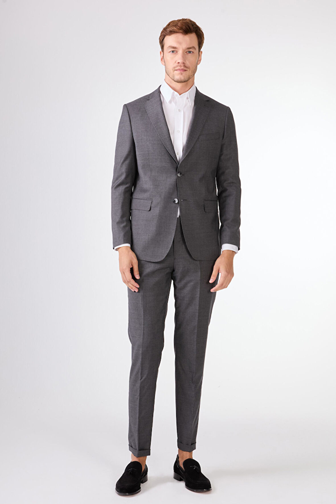 Gri Düz Renk Yünlü Slim Fit Erkek Takım Elbise 