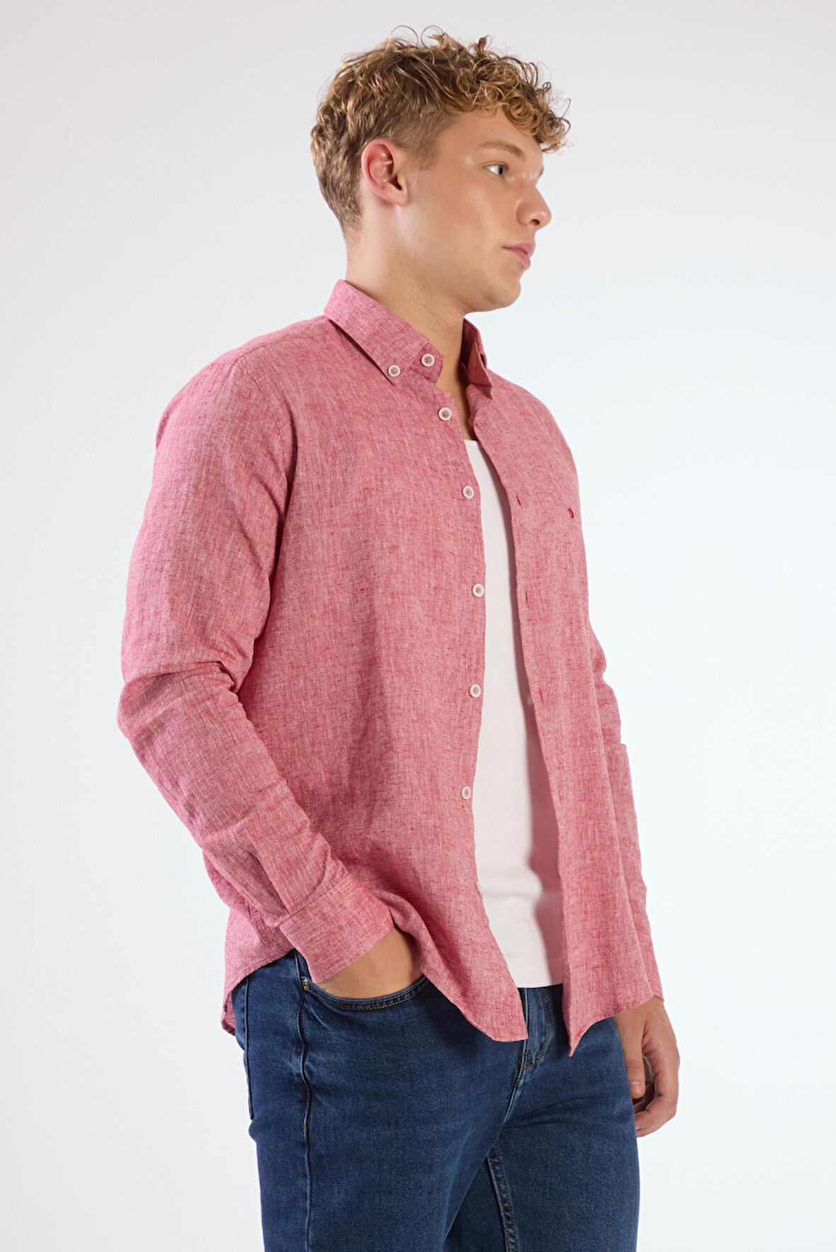 Kırmızı Keten Düz Renk Regular Fit Erkek Gömlek